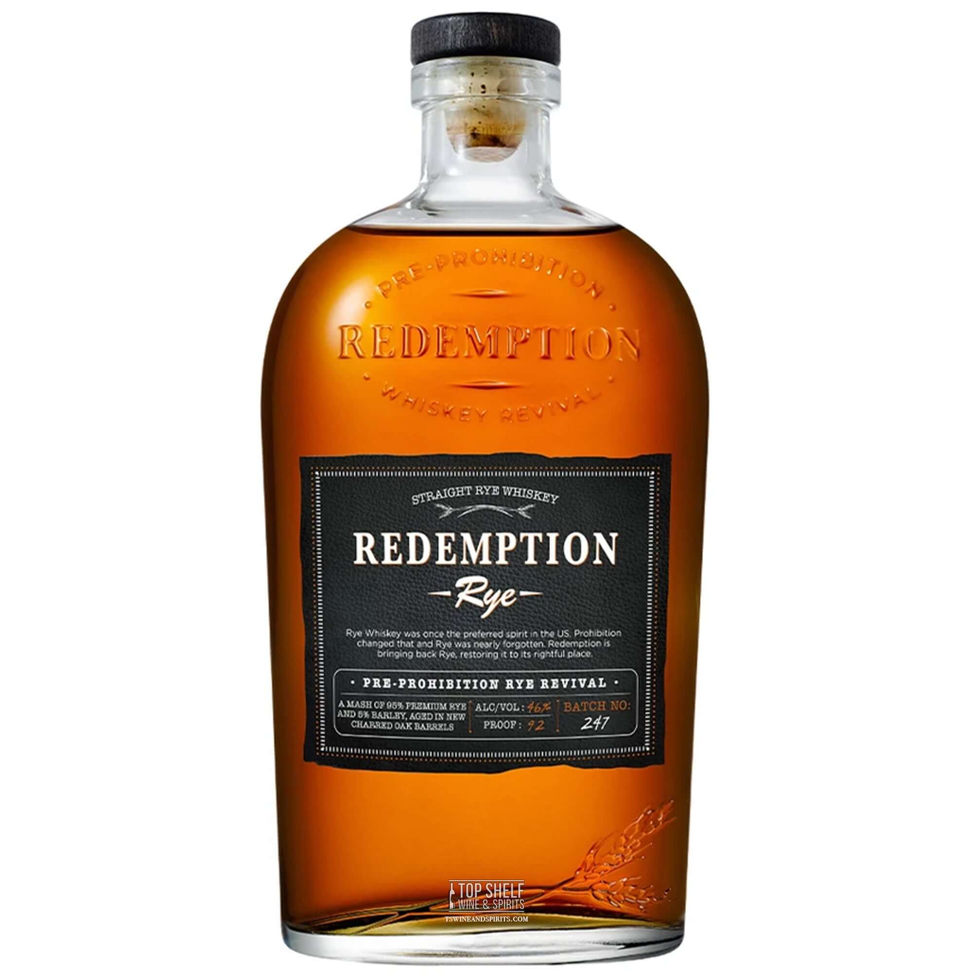 Bottle of Redemption Rye Whiskey showcasing its rich amber color and classic label design.