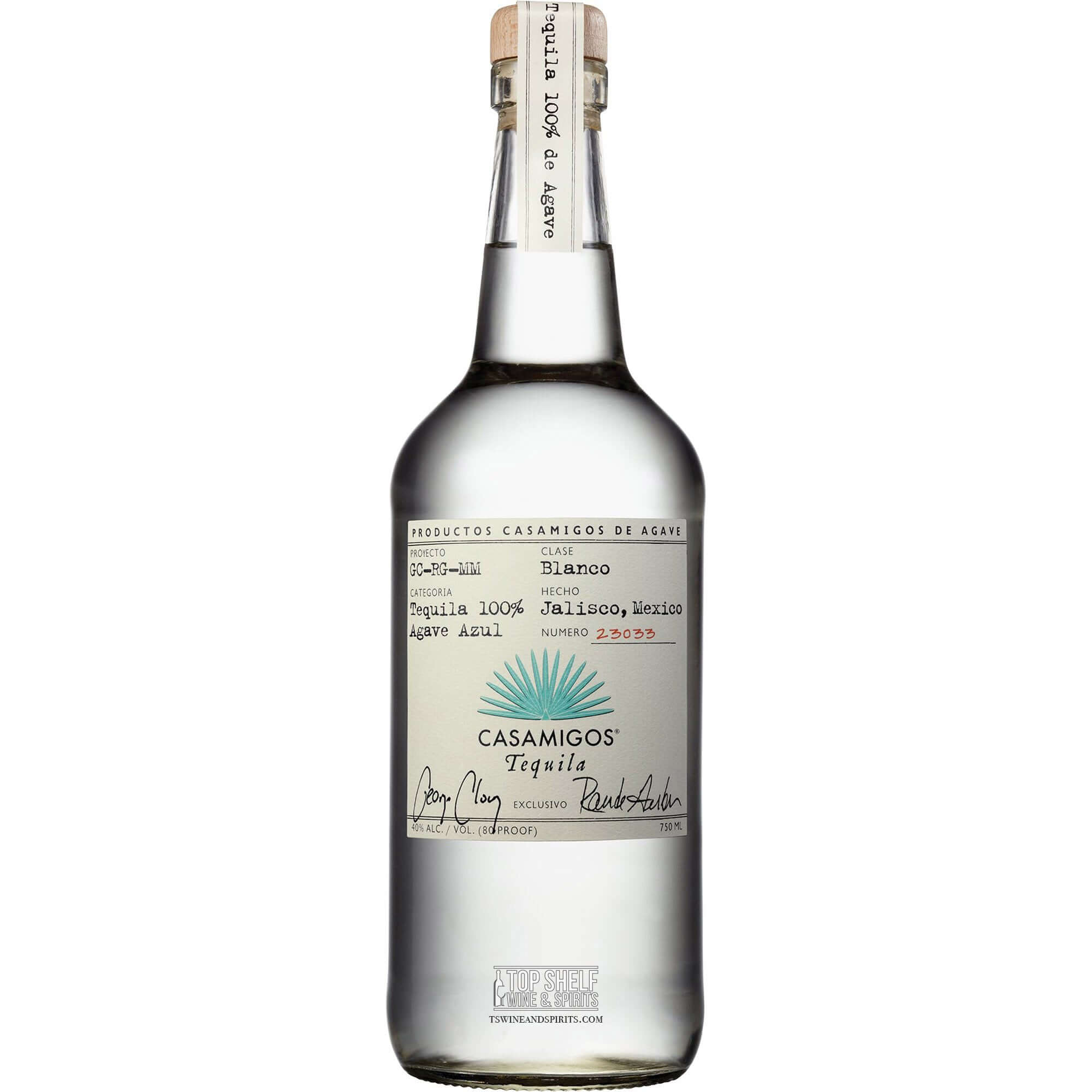 Casamigos Blanco Tequila bottle showcasing its 100% Blue Weber agave origin from Jalisco, Mexico.