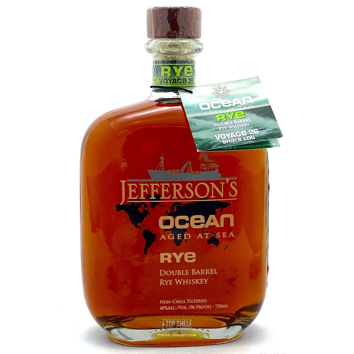 Jefferson's Ocean Aged At Sea Voyage 26 Rye Whiskey bottle with double barrel label.