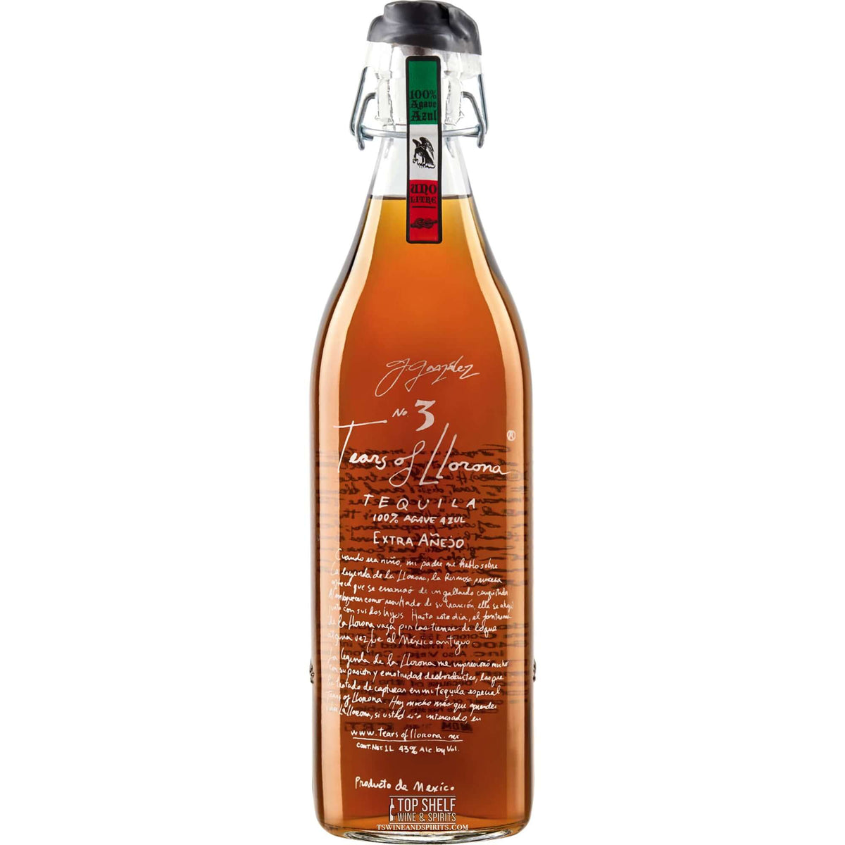 Tears of Llorona Extra Añejo Tequila bottle showcasing rich amber color and elegant design.