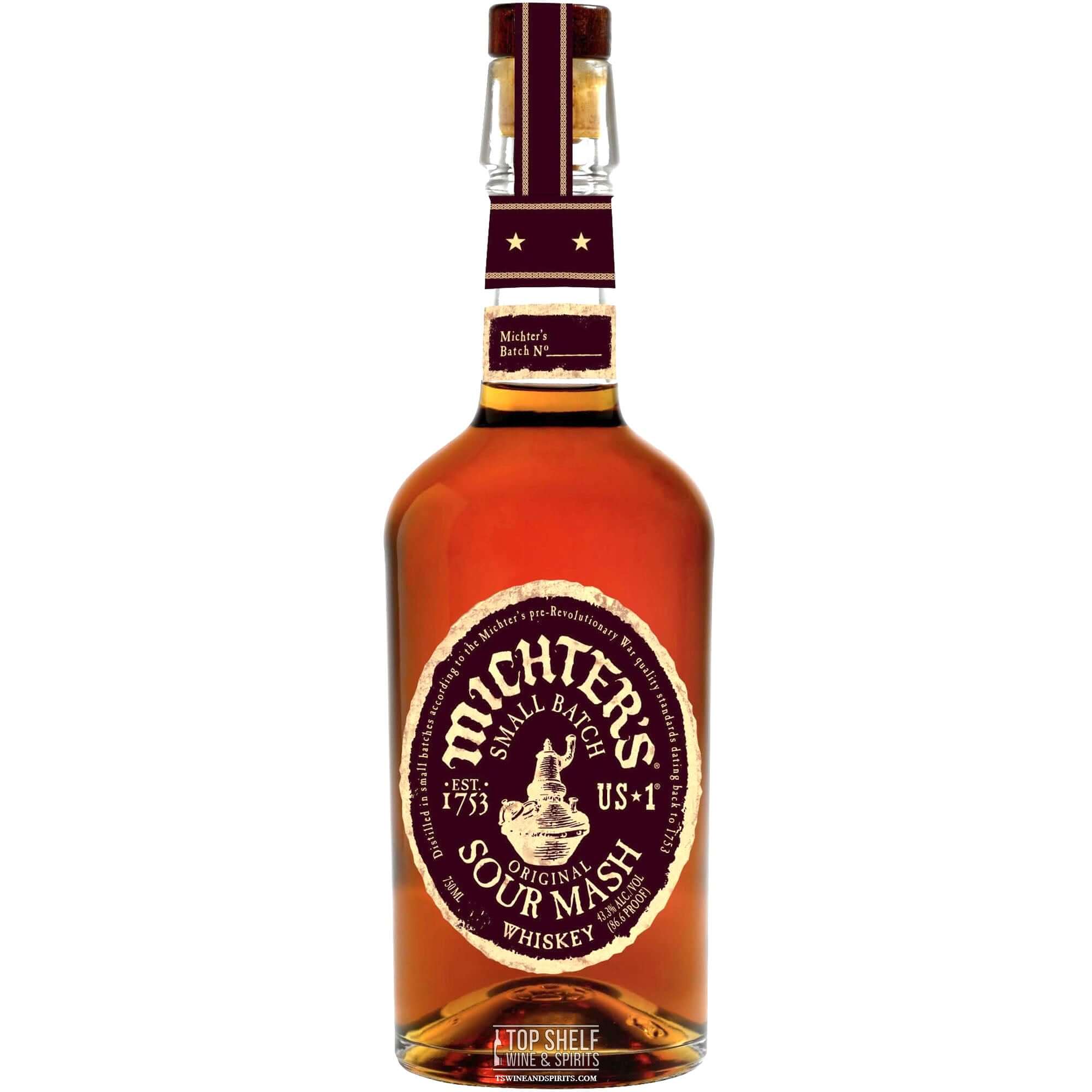 Michter's US1 Sour Mash Whiskey bottle with a rich amber color and vintage label, awarded Whisky Of The Year 2019.