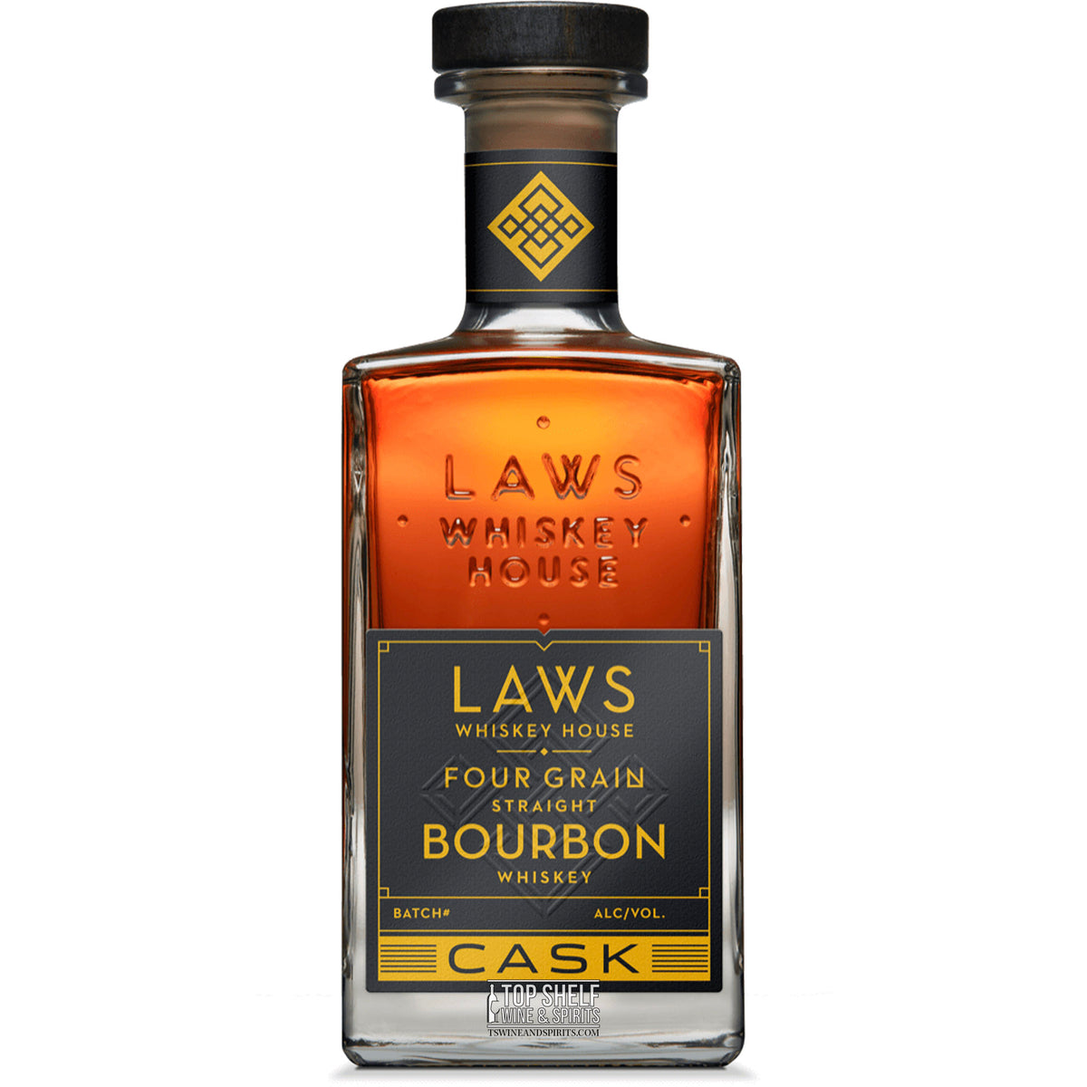 Laws Whiskey House Four Grain Bourbon bottle with Cask Strength label, showcasing rich amber liquid.