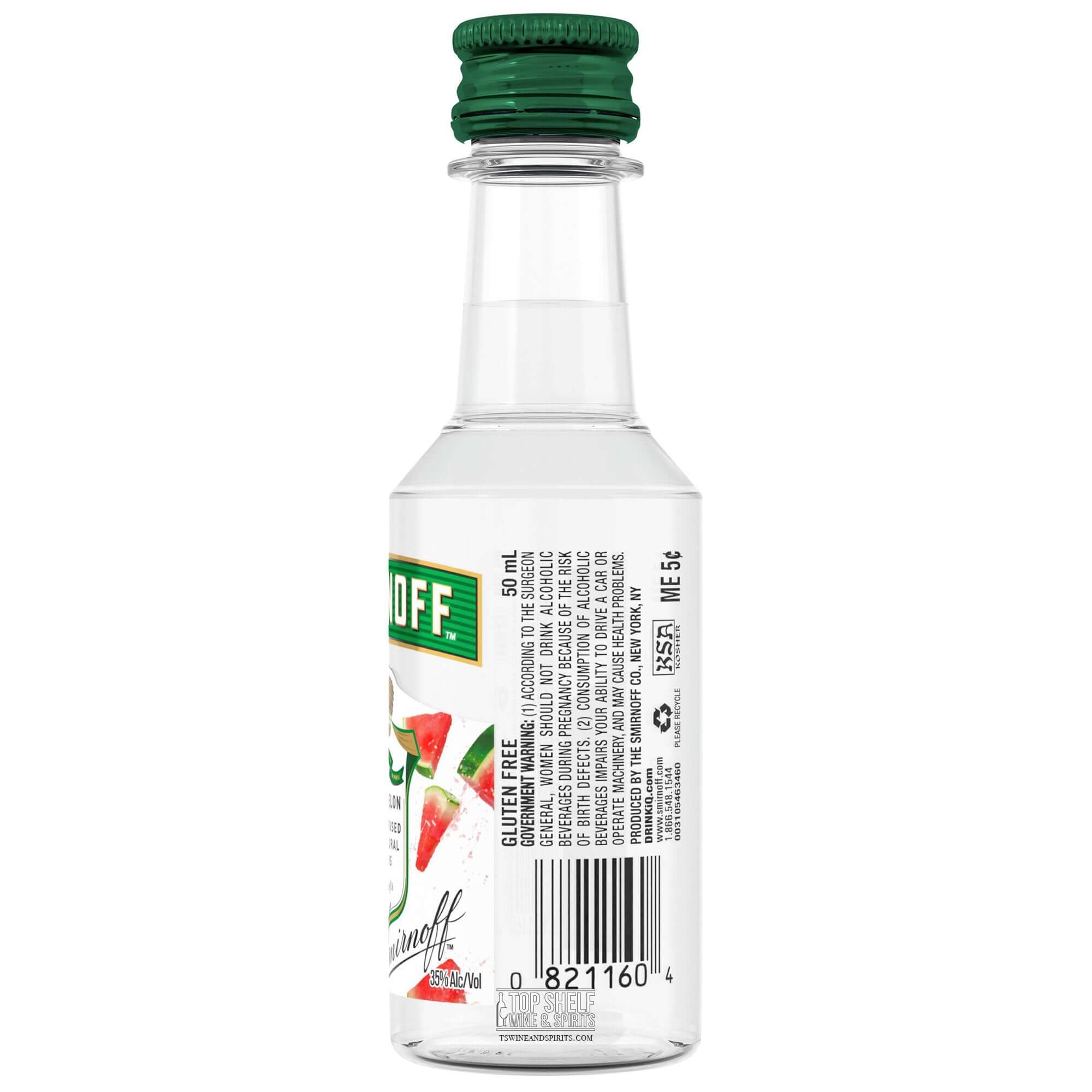 Smirnoff Watermelon Vodka 50ml bottle showcasing watermelon flavor and nutritional information on the label.
