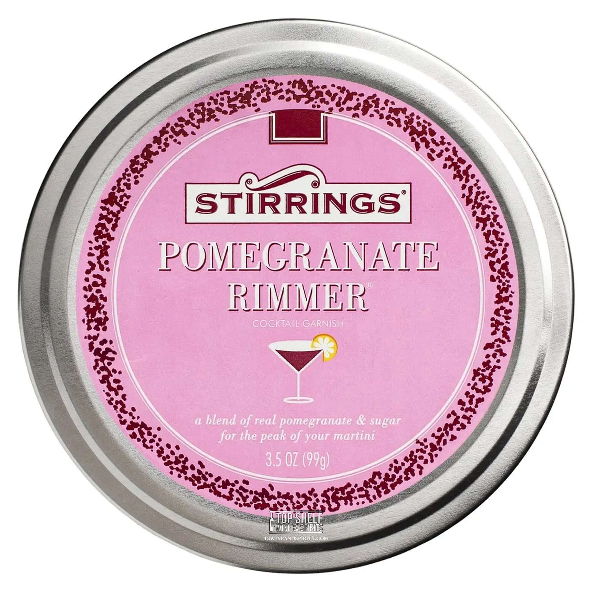 Stirrings Pomegranate Rimmer 3.5 oz tin, a blend of pomegranate and sugar for perfect cocktail garnishing.