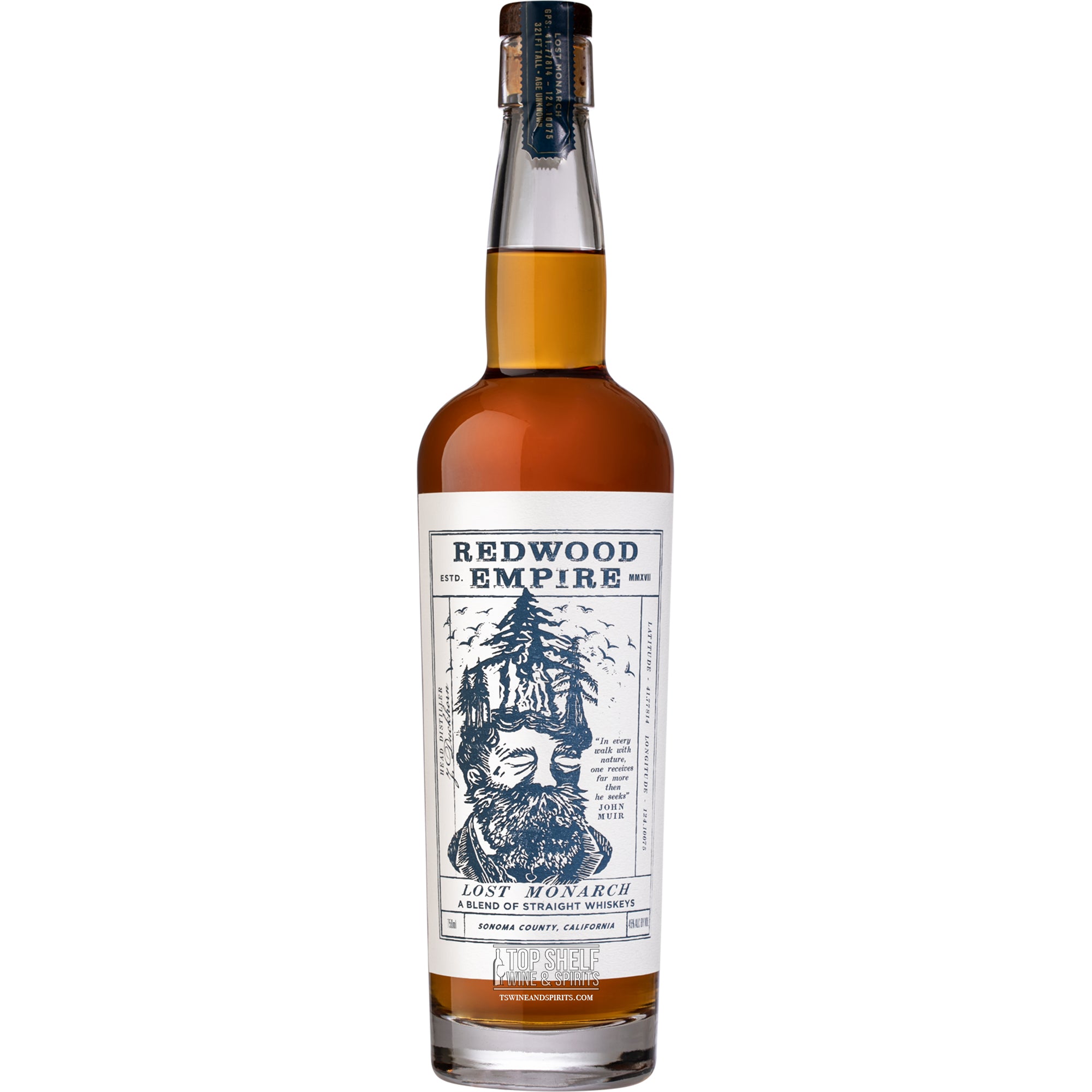 Redwood Empire Lost Monarch whiskey bottle featuring dark amber color and unique label design.