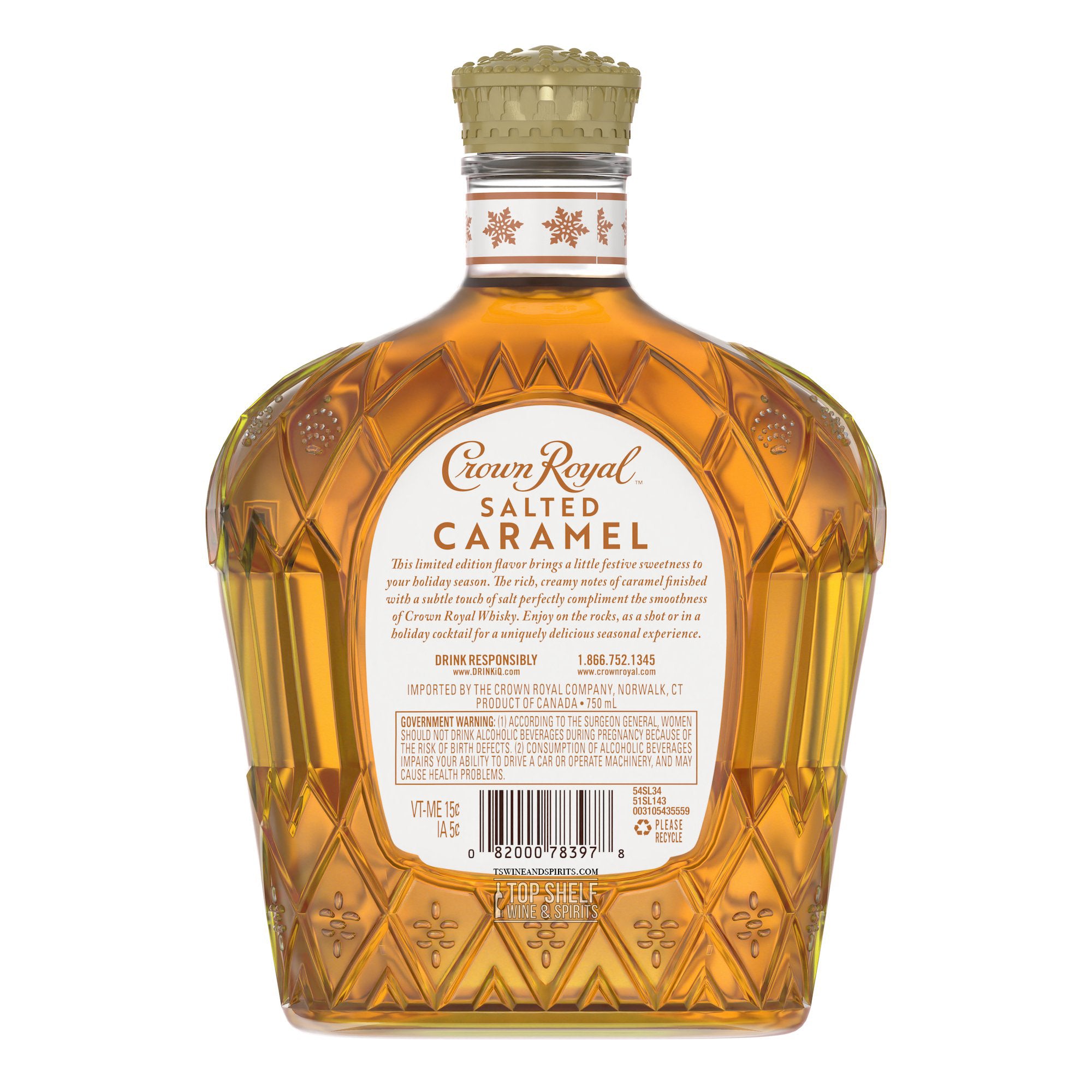 Crown Royal Salted Caramel whisky bottle showcasing a rich caramel color and elegant design.