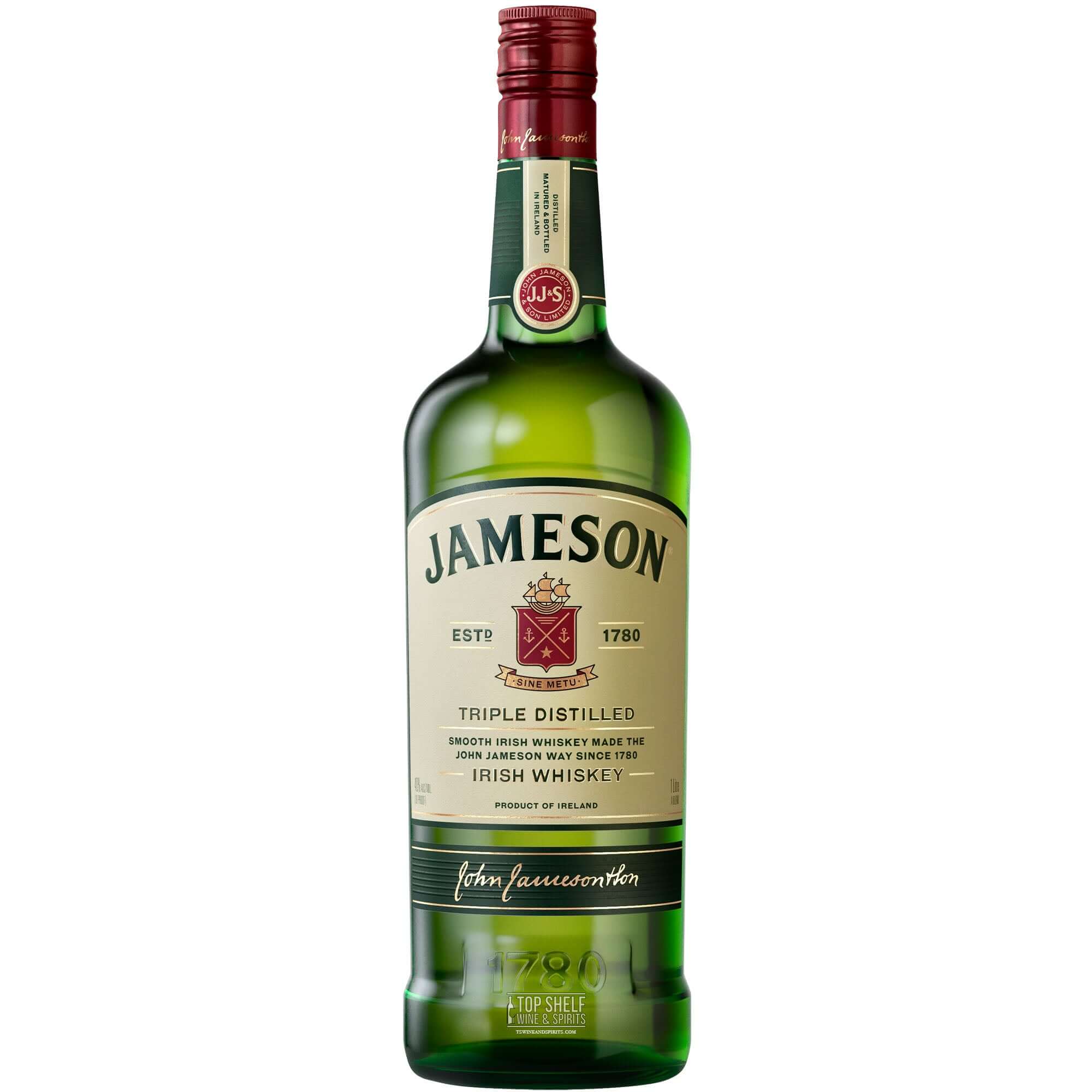 Bottle of Jameson Irish Whiskey, triple distilled with smooth, spicy, and nutty flavor notes.