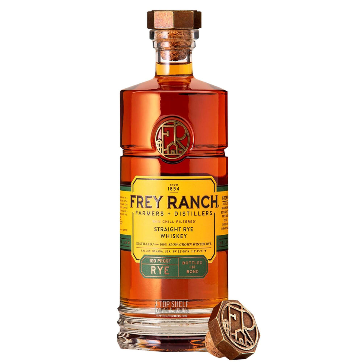 Frey Ranch Bottled-in-Bond Straight Rye Whiskey bottle showcasing amber color and cork seal.