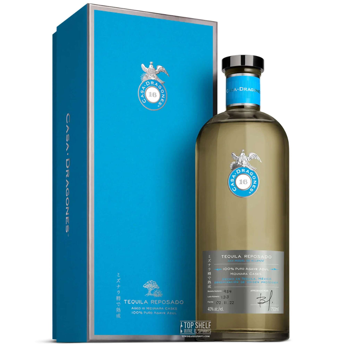 Casa Dragones Reposado Mizunara Tequila bottle with blue packaging, highlighting premium sipping tequila craftsmanship.
