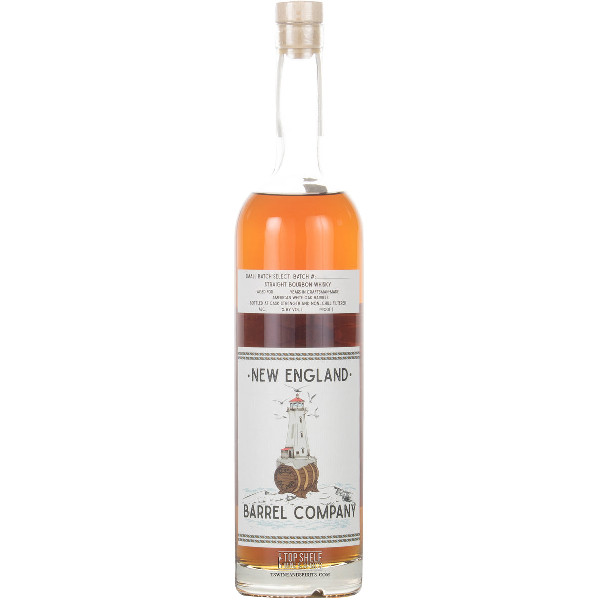 New England Barrel Company 4 Year Small Batch Select Whiskey in a glass bottle, showcasing dark amber color.