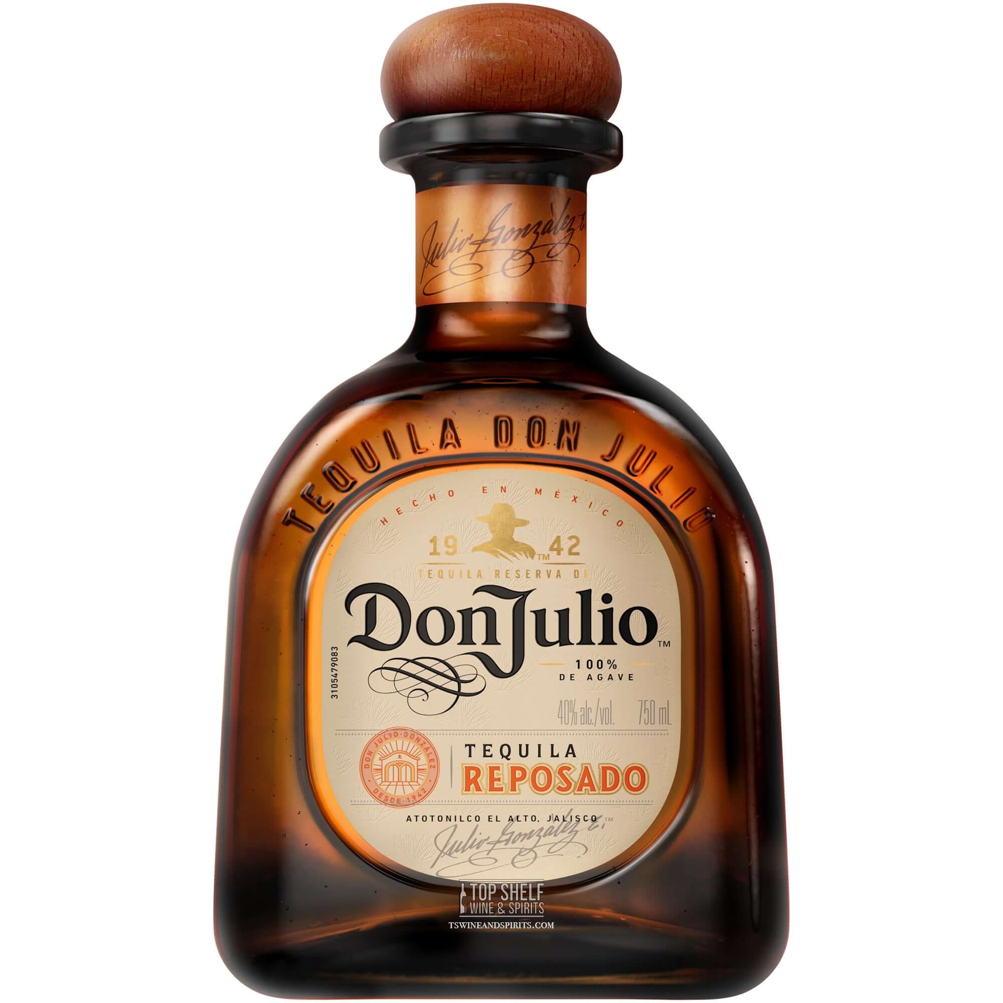 Bottle of Don Julio Reposado Tequila, a premium, golden amber tequila aged for eight months in oak barrels.
