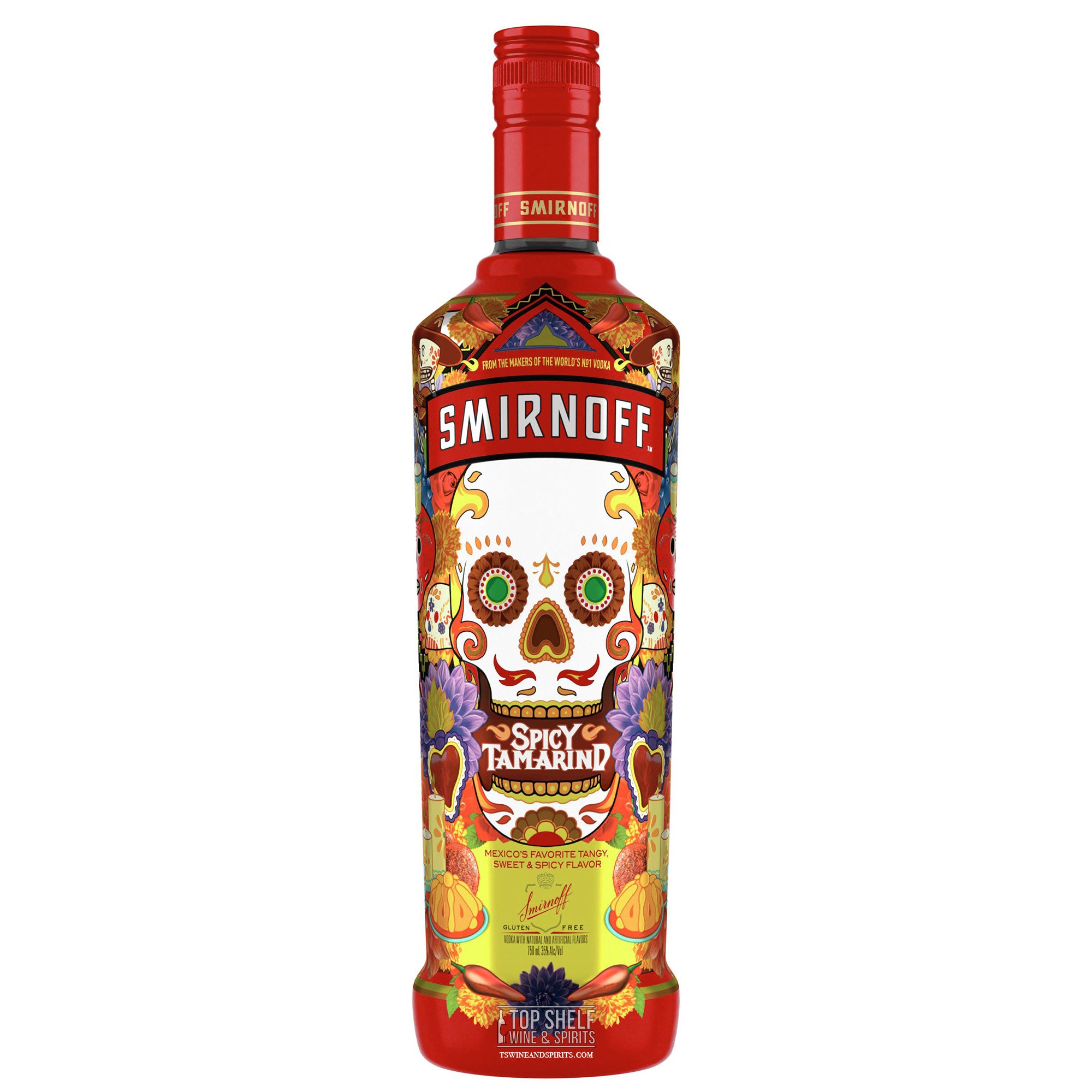 Smirnoff Spicy Tamarind Vodka bottle featuring vibrant Mexican-themed artwork and a striking skull design.