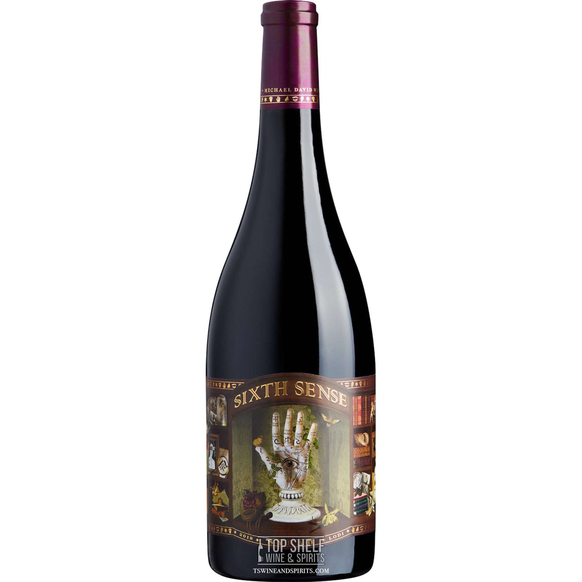 Michael David 6th Sense Syrah wine bottle featuring unique label design and rich red color.