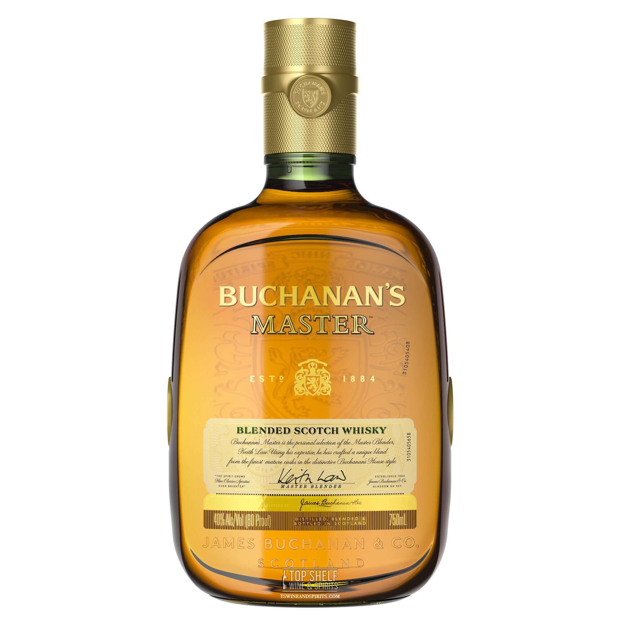 Buchanan's Master blended Scotch whisky bottle, awarded at the 2020 World Spirits Competition, showcasing its premium craftsmanship.