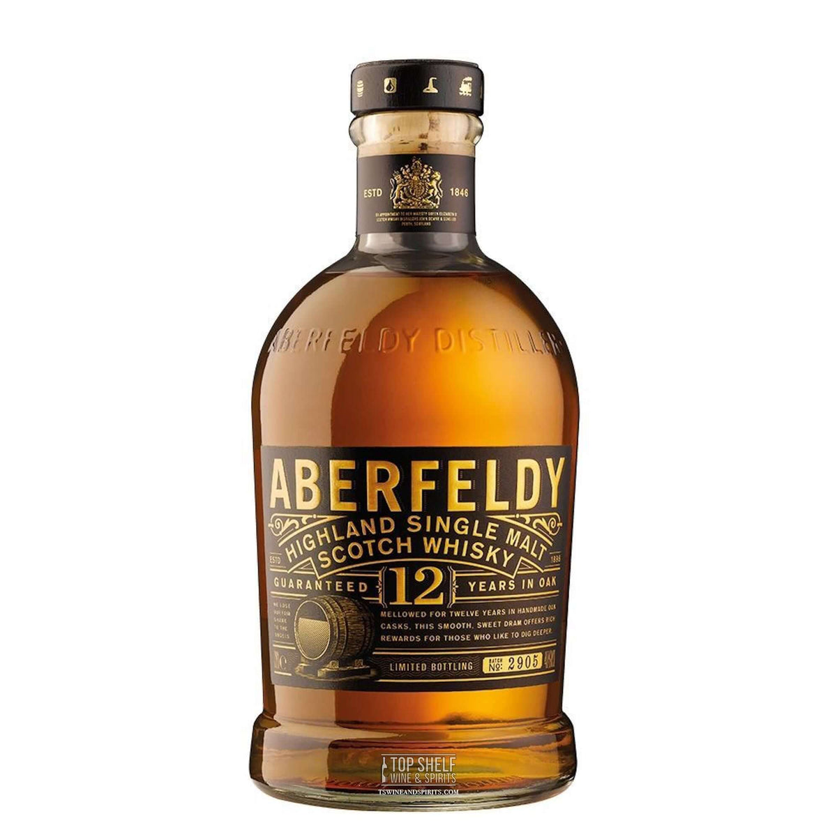 Aberfeldy 12 Year Highland Single Malt Scotch Whisky bottle showcasing the rich amber color and elegant label.