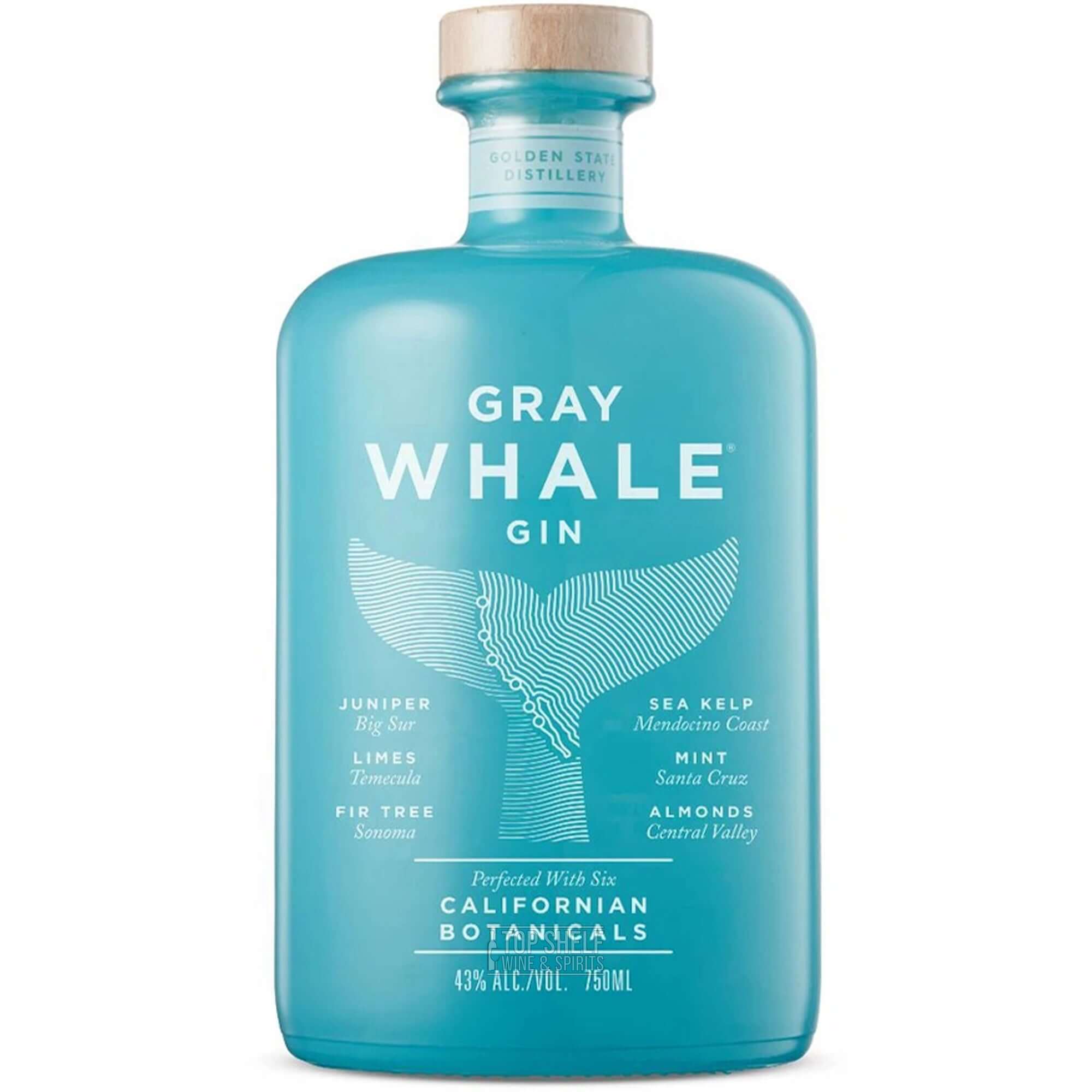 Gray Whale Gin bottle featuring Californian botanicals and a unique whale tail design.