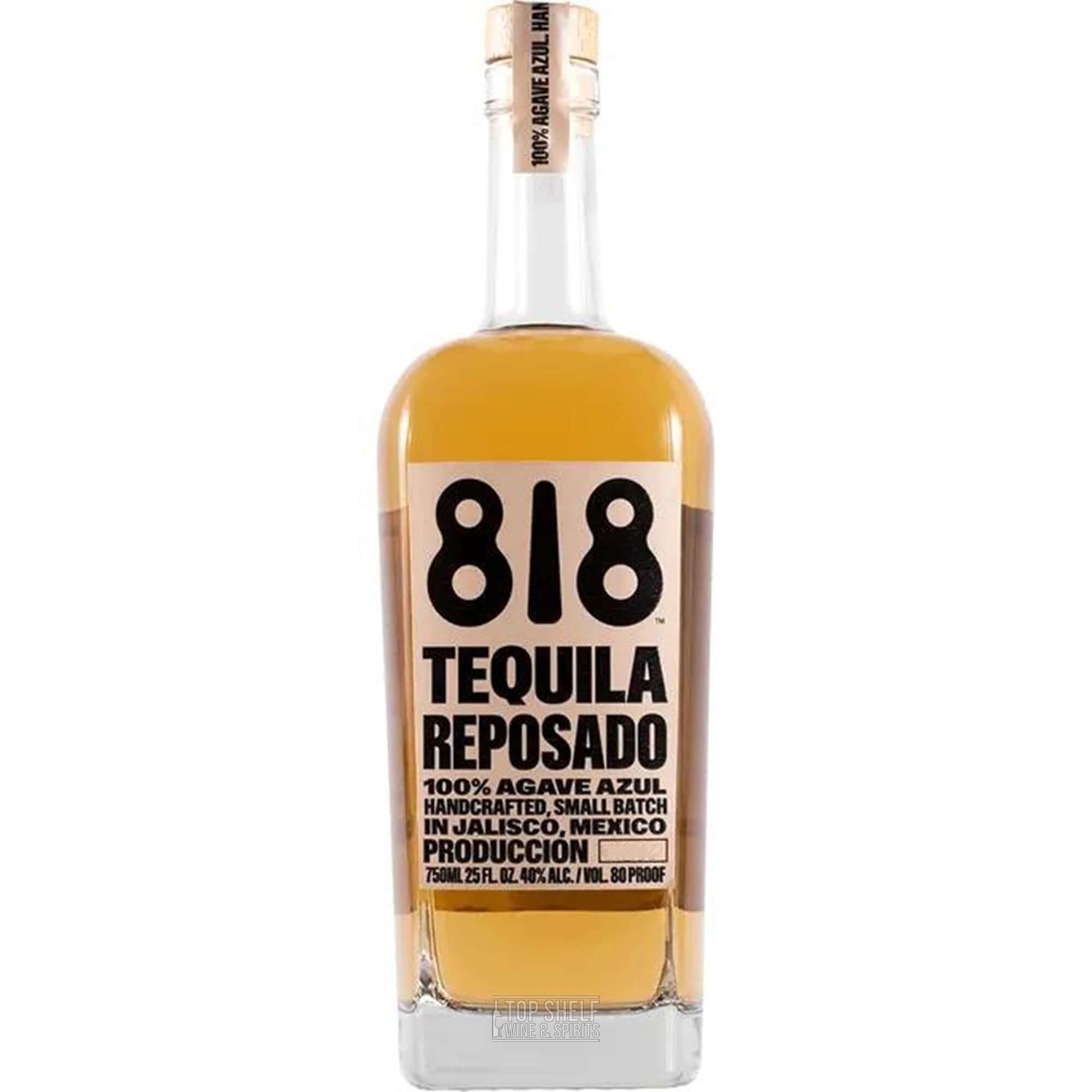 818 Reposado Tequila bottle showcasing handcrafted tequila from Jalisco, Mexico, gold medal-winning spirit.