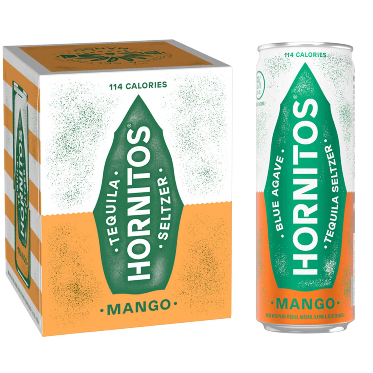 Hornitos Mango Tequila Seltzer 4 pack cans, featuring refreshing mango flavor and real tequila, low-calorie drink option.