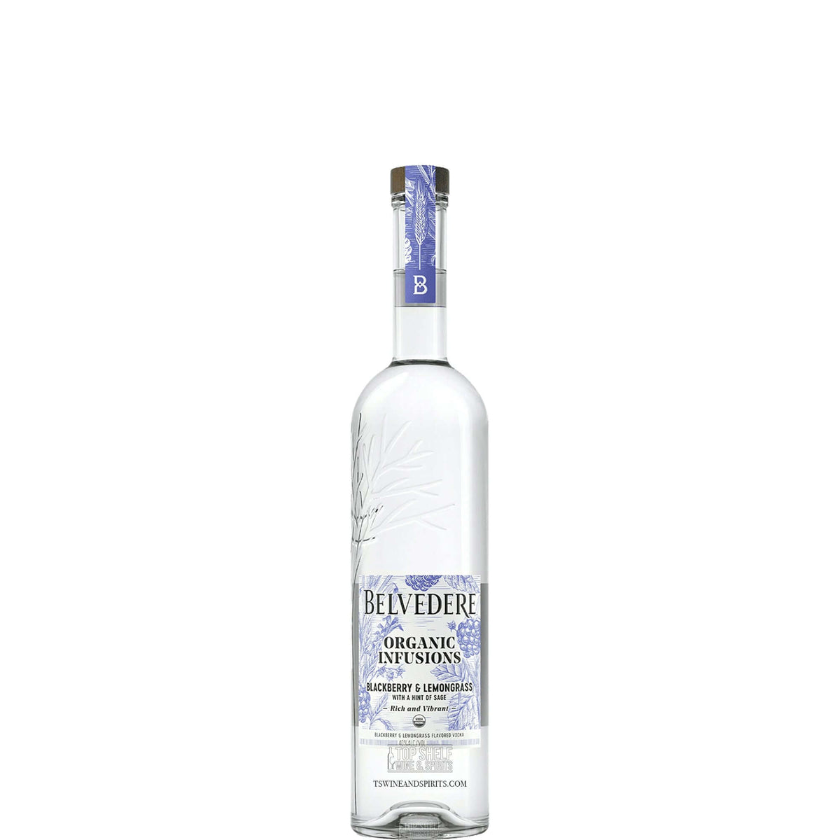 Belvedere Organic Infusions Blackberry & Lemongrass Vodka 50ml bottle showcasing organic flavors and no additives.