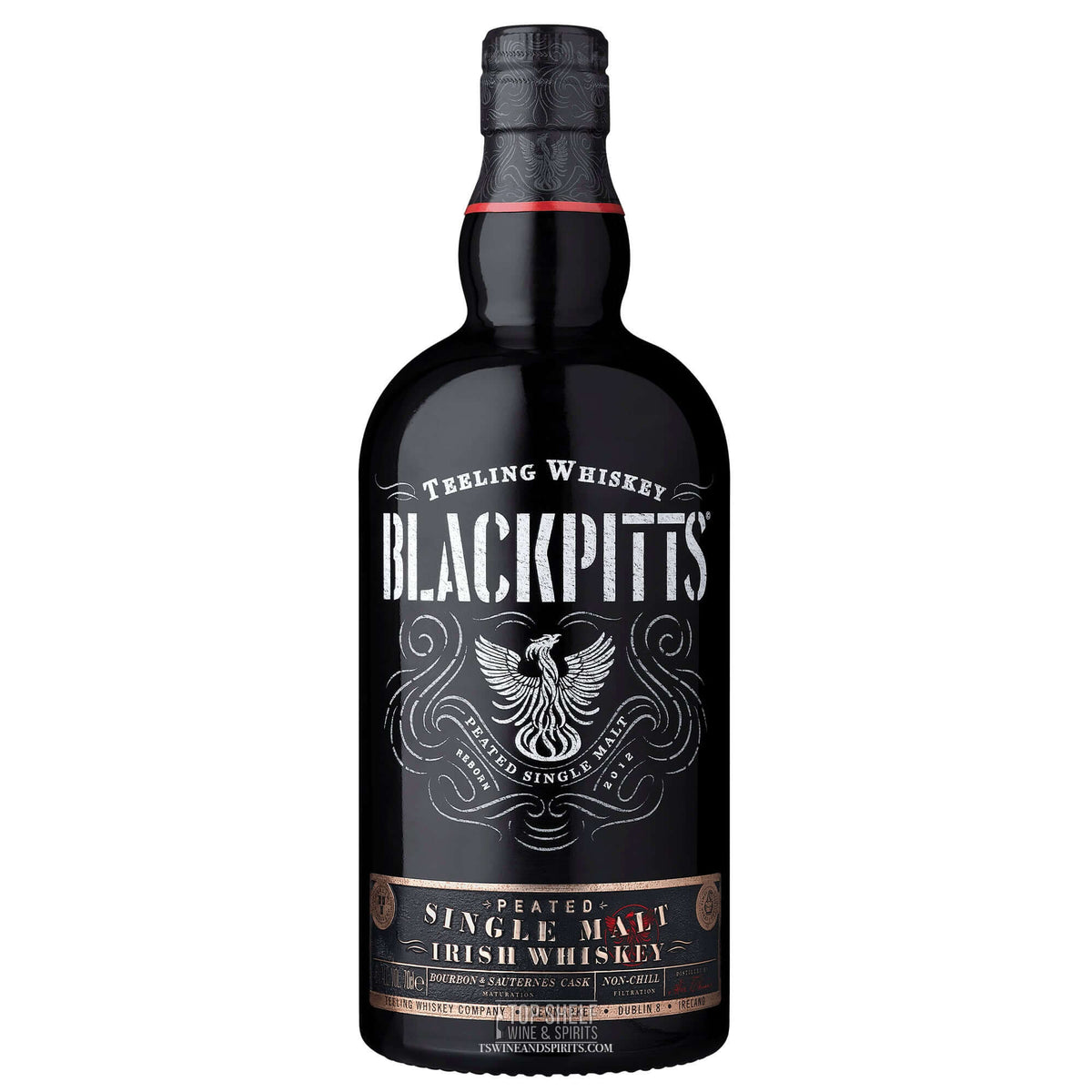 Teeling Blackpitts Peated Single Malt Irish Whiskey bottle with distinctive black design.
