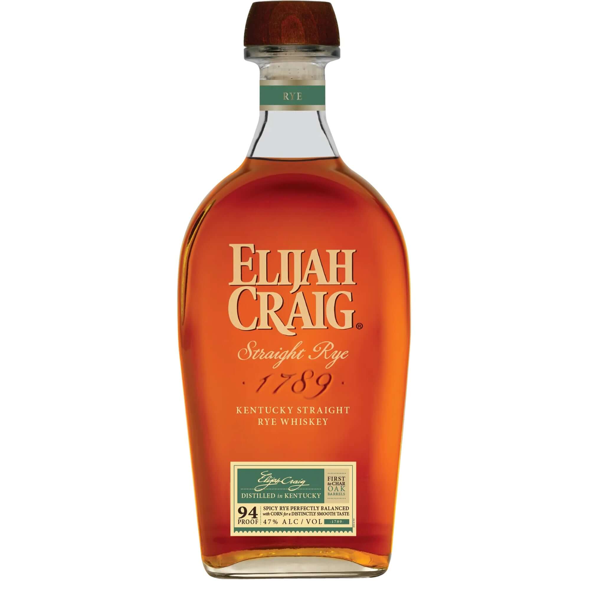 Elijah Craig Straight Rye Kentucky Whiskey bottle showcasing its rich amber color and elegant design.
