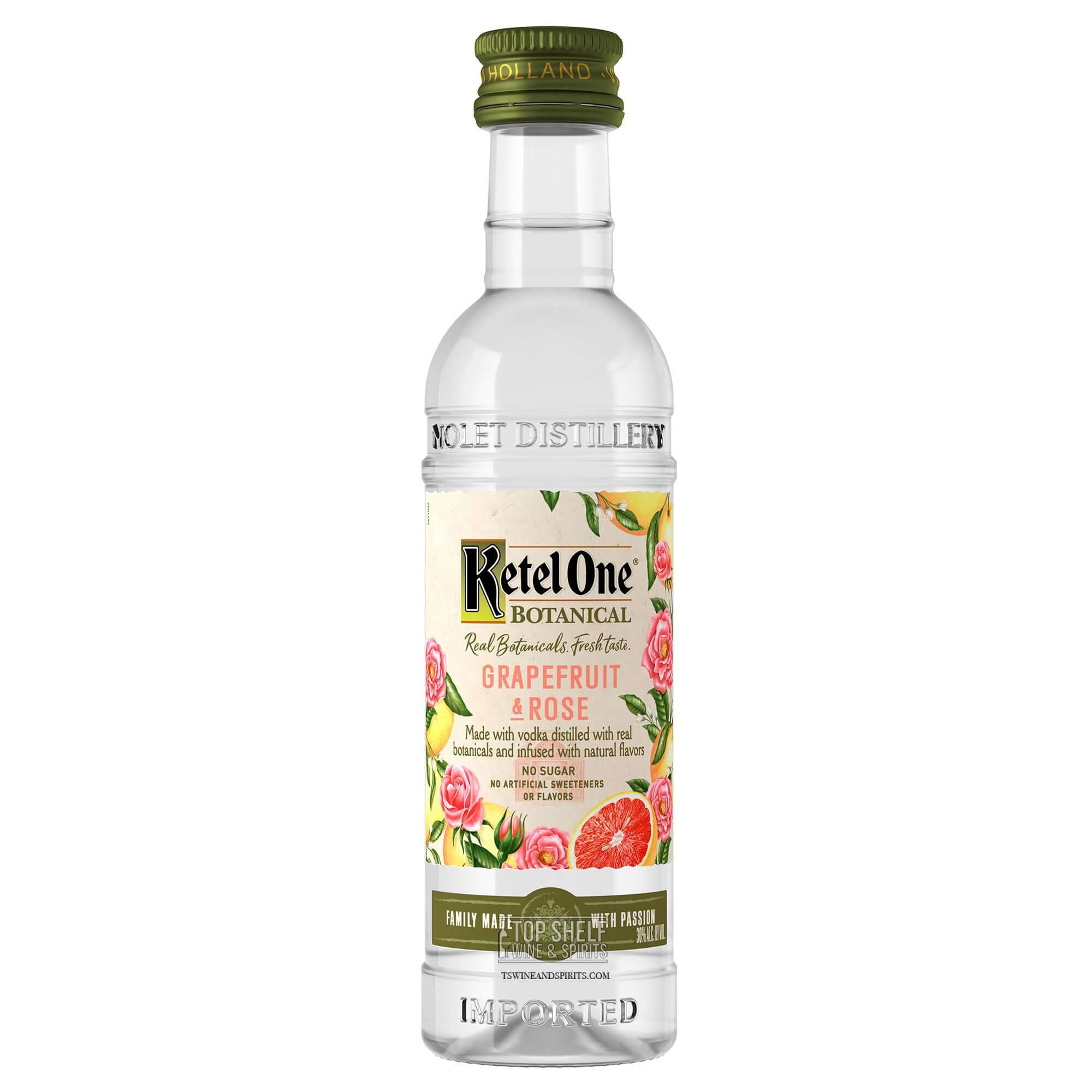 Ketel One Botanical Grapefruit & Rose vodka 50ml showcasing elegant floral design and crisp grapefruit essence.