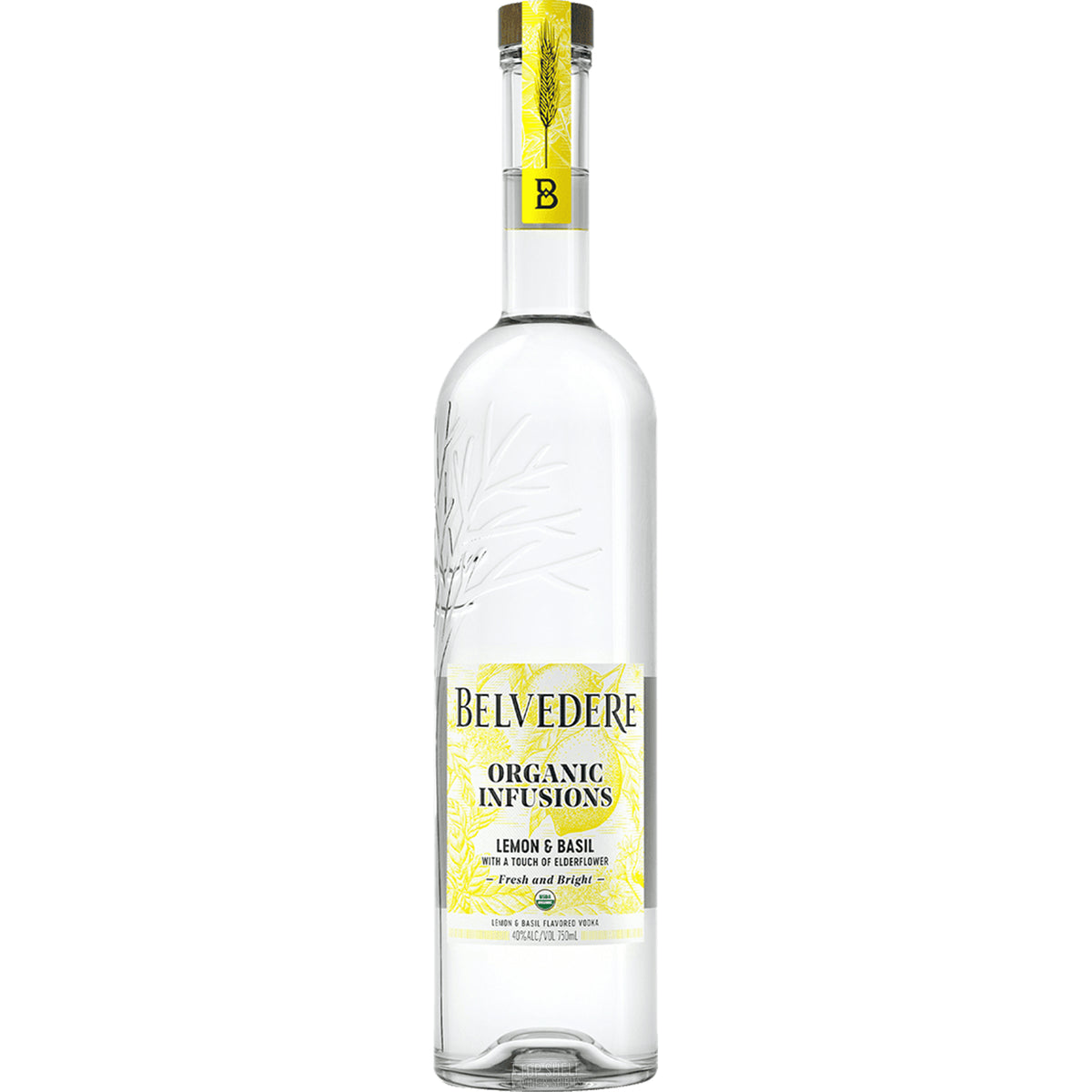 Belvedere Organic Infusions Lemon & Basil Vodka bottle showcasing fresh citrus and herbal elements.