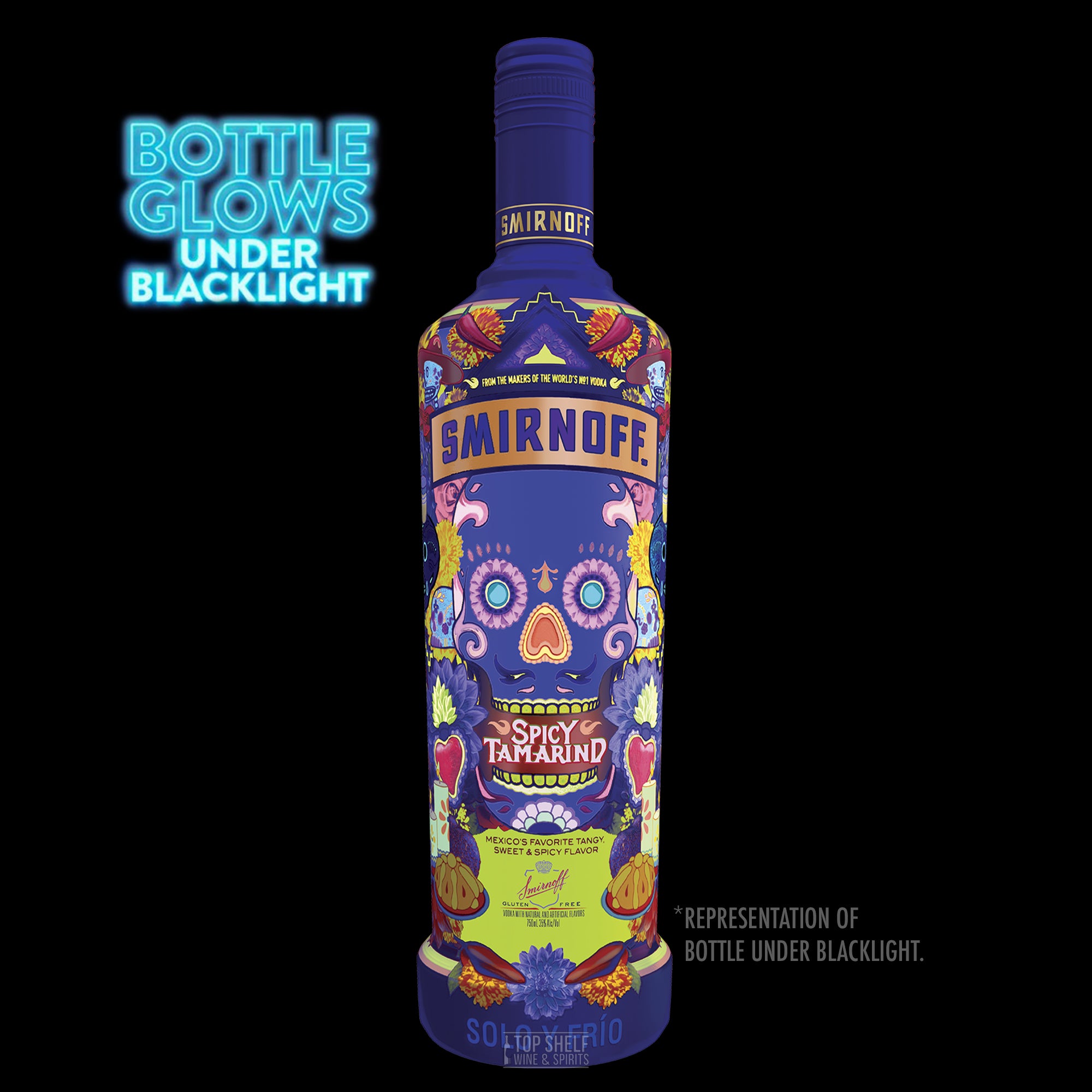 Smirnoff Spicy Tamarind Vodka bottle design with glow effect under blacklight, featuring vibrant colors and decorative elements.