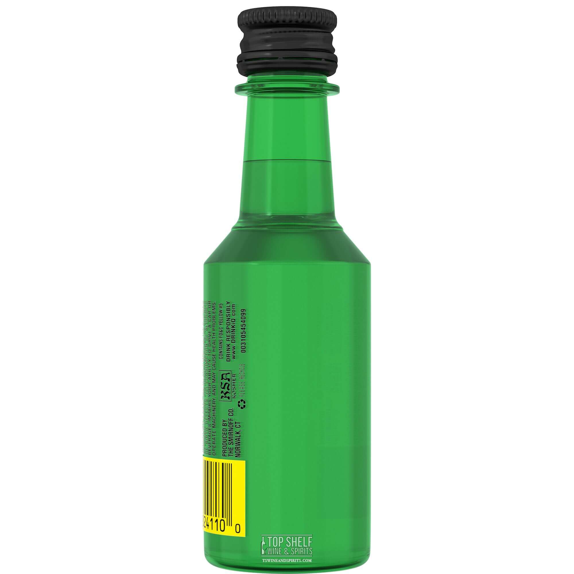 Smirnoff Sours Green Apple 50ml bottle showcasing vibrant green color and sleek design.