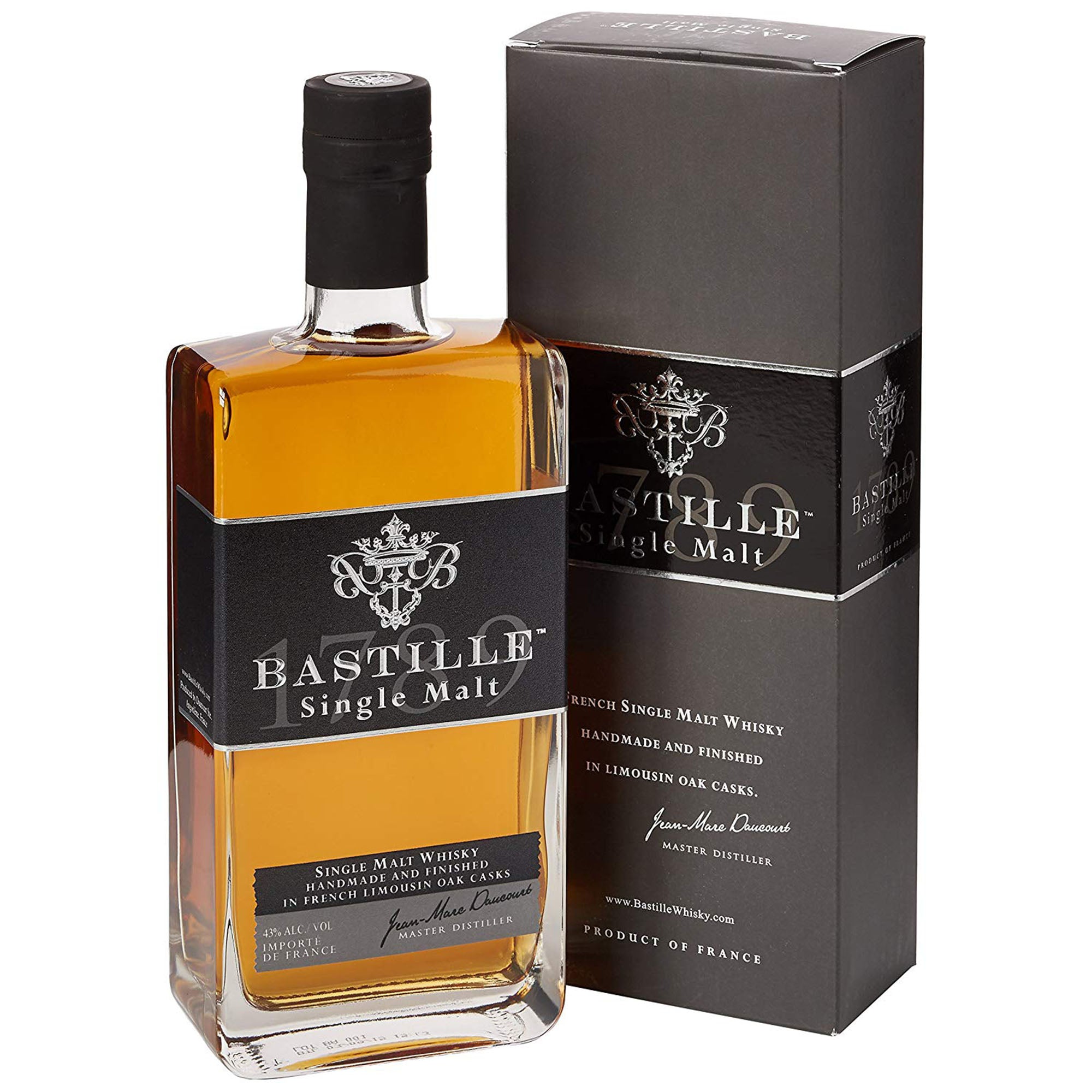 Bastille 1789 Single Malt Whiskey bottle and packaging, handcrafted French whiskey in Limousin oak casks.