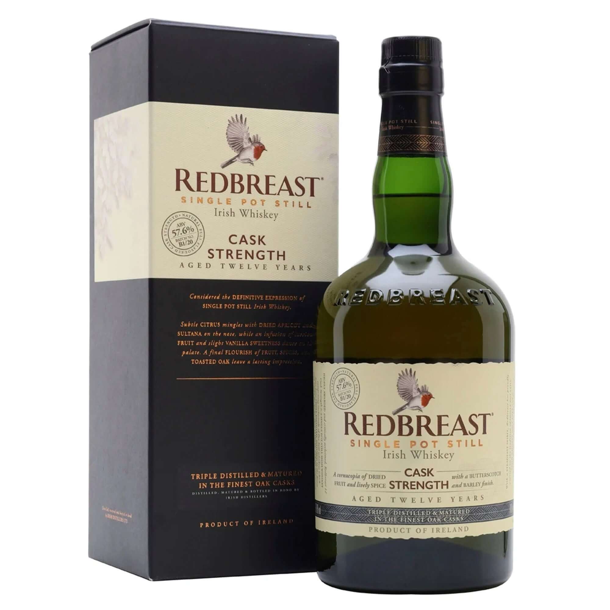 Redbreast Cask Strength 12 Year Irish Whiskey bottle and packaging, showcasing full flavored Irish whiskey.