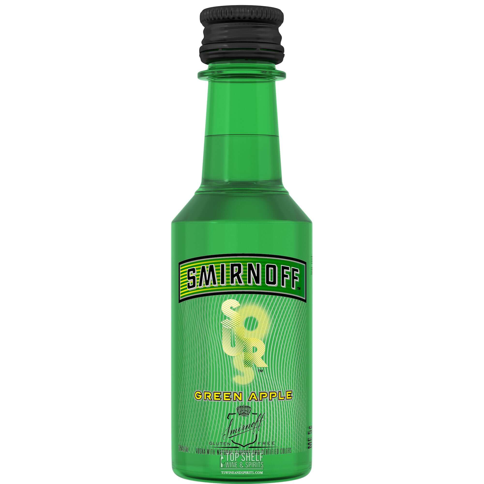 Smirnoff Sours Green Apple 50ml bottle featuring crisp and tart green apple flavor for chilled shots.