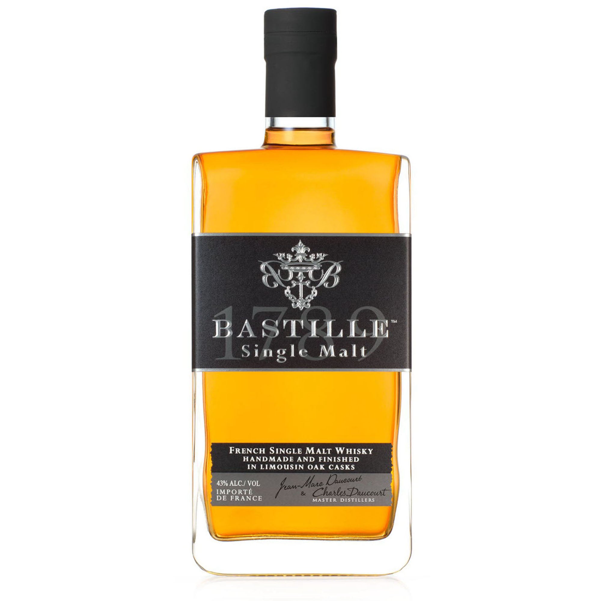 Bastille 1789 Single Malt Whiskey bottle, showcasing rich amber color and elegant label design.