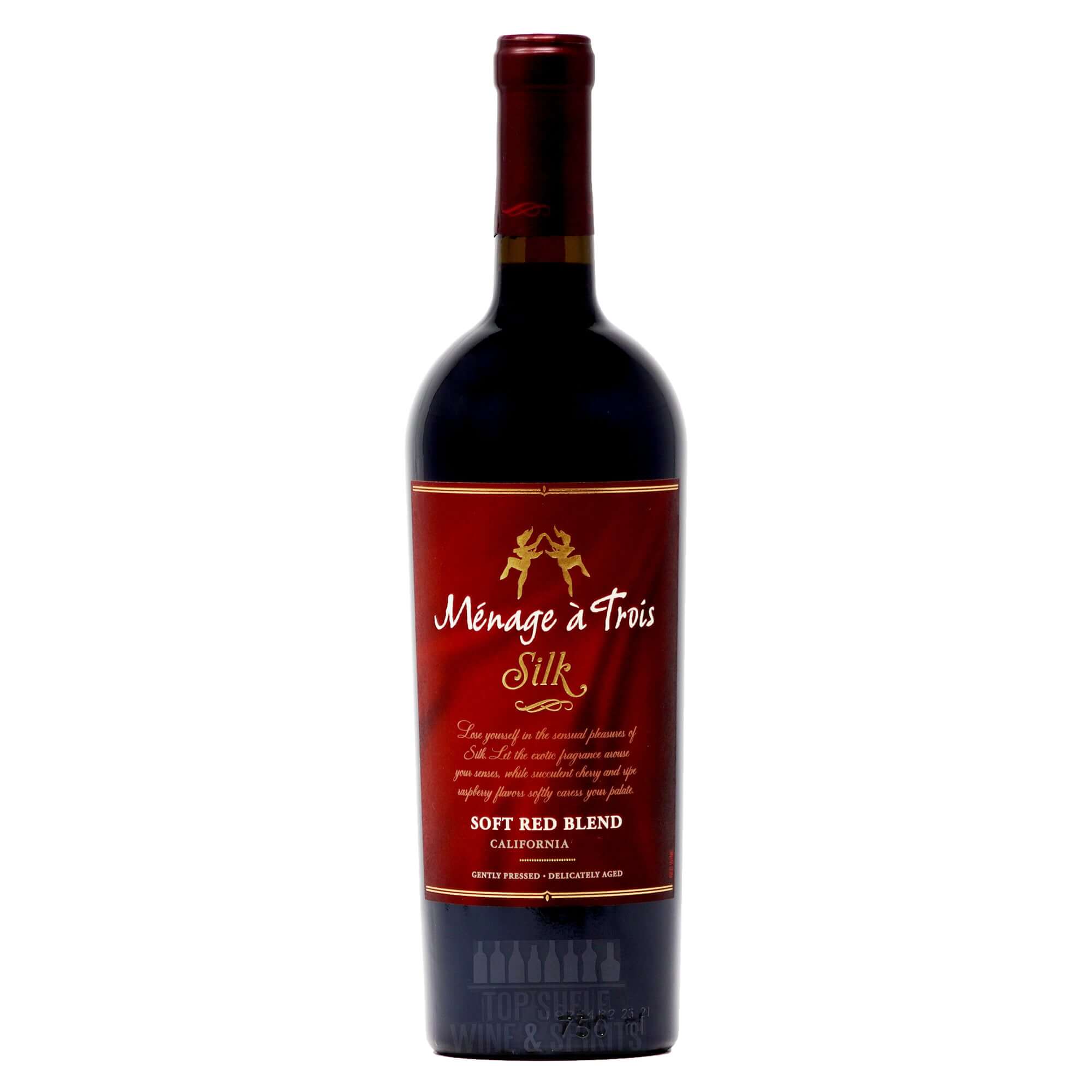 Ménage à Trois Silk Soft Red Wine bottle featuring a rich ruby color and elegant label design.