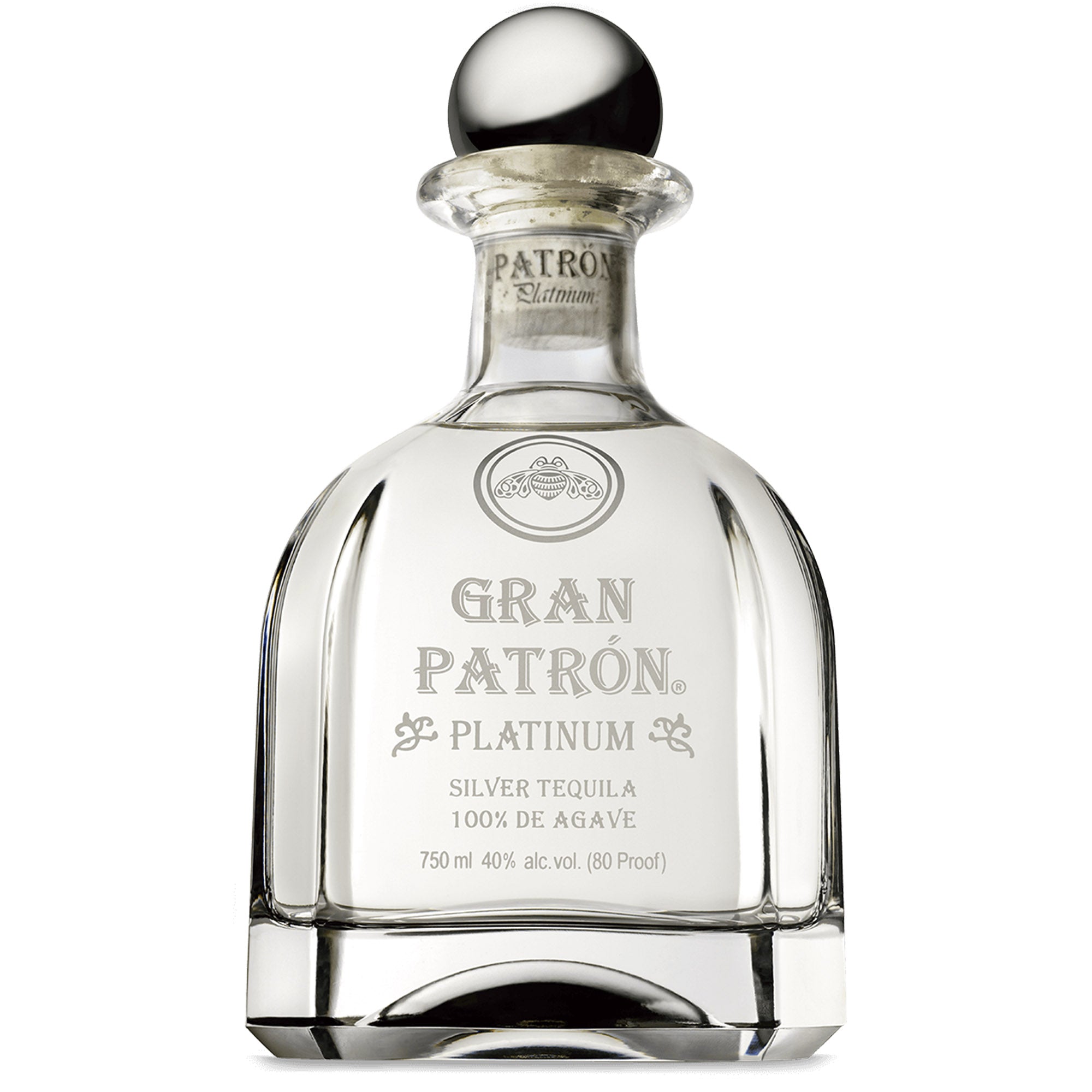 Gran Patrón Platinum Tequila in a hand-numbered crystal bottle, showcasing its elegant design and 100% Weber Blue Agave quality.