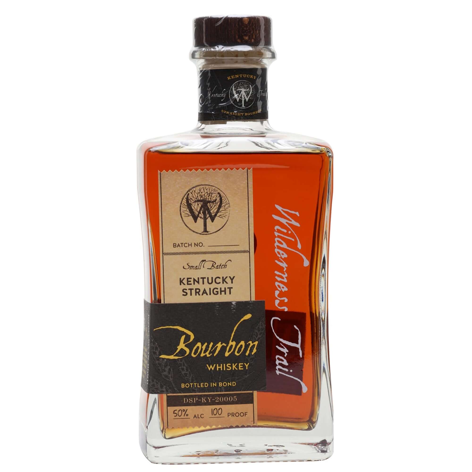 Wilderness Trail Small Batch Bourbon bottle, Kentucky Straight Whiskey, Bottled in Bond, 100 proof, rich amber color.