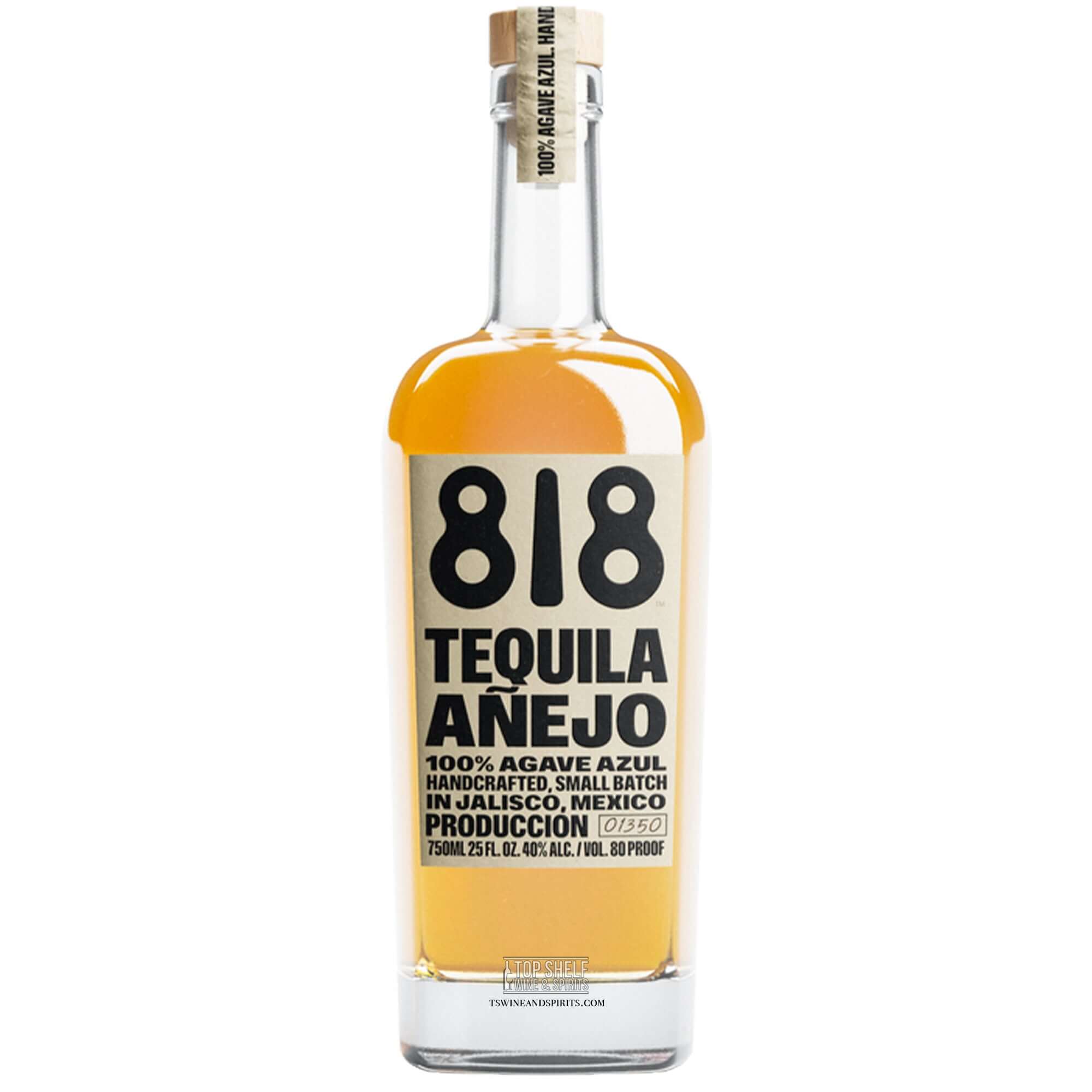 Bottle of 818 Añejo Tequila showcasing handcrafted 100% agave azul from Jalisco, Mexico.