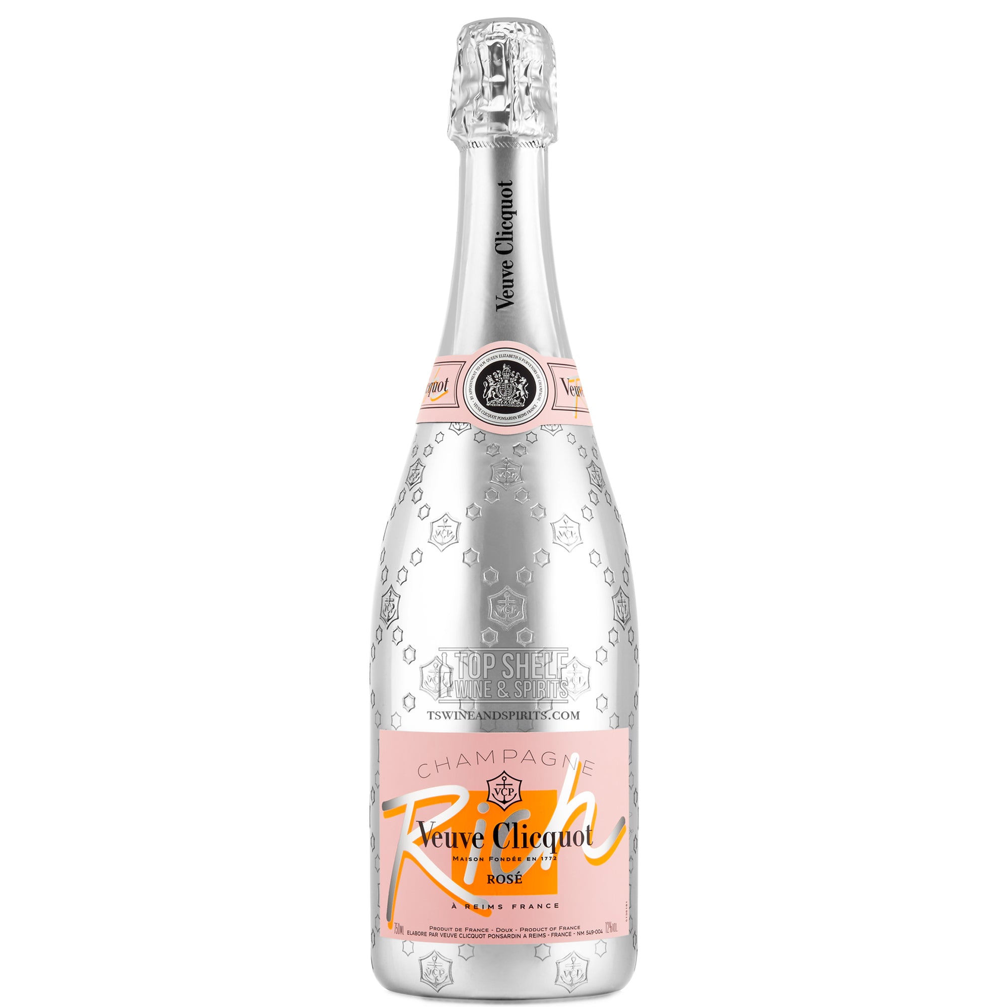 Veuve Clicquot Rich Rosé sparkling wine bottle with elegant silver design and pink label