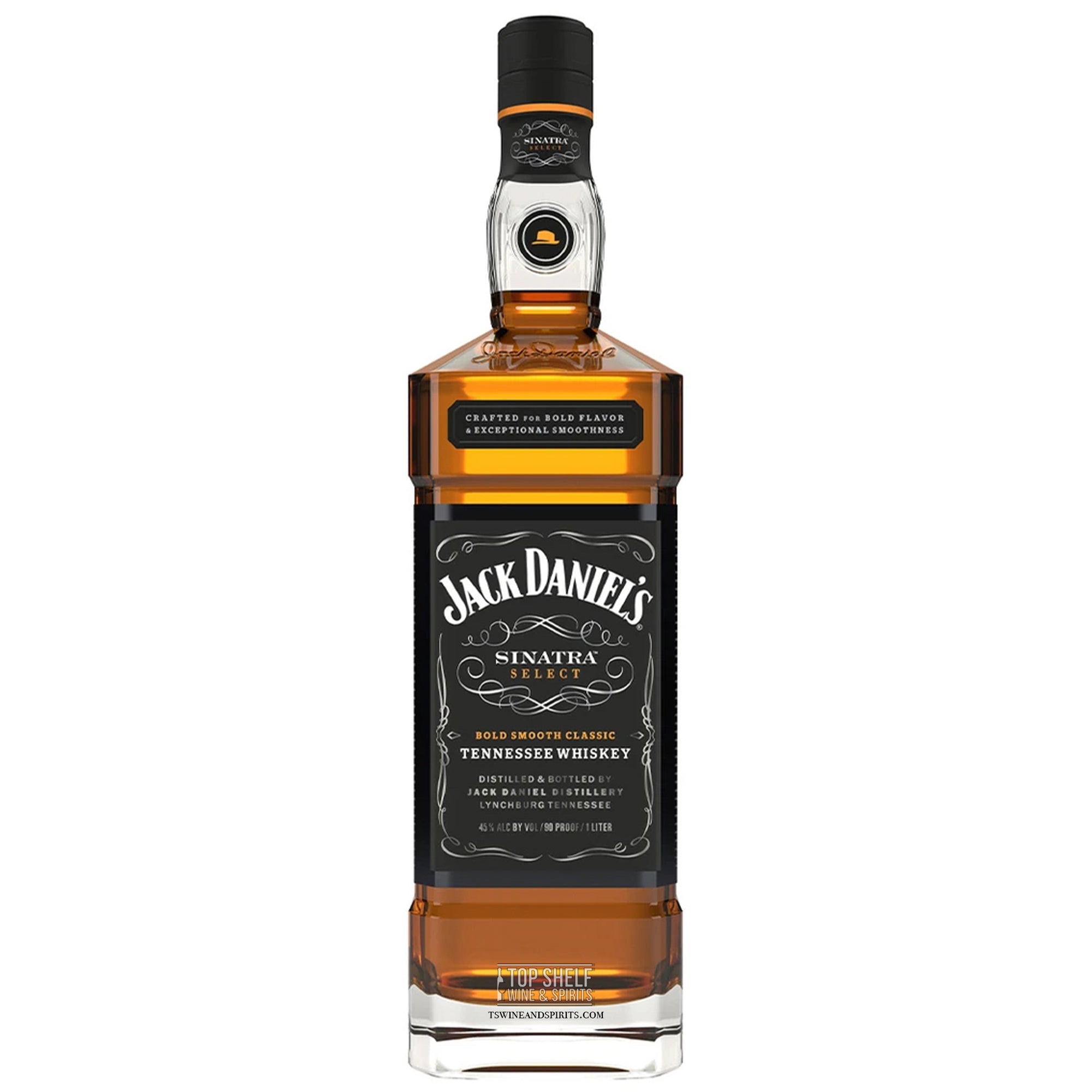 Jack Daniel's Sinatra Select whiskey bottle showcasing rich amber color and elegant design.