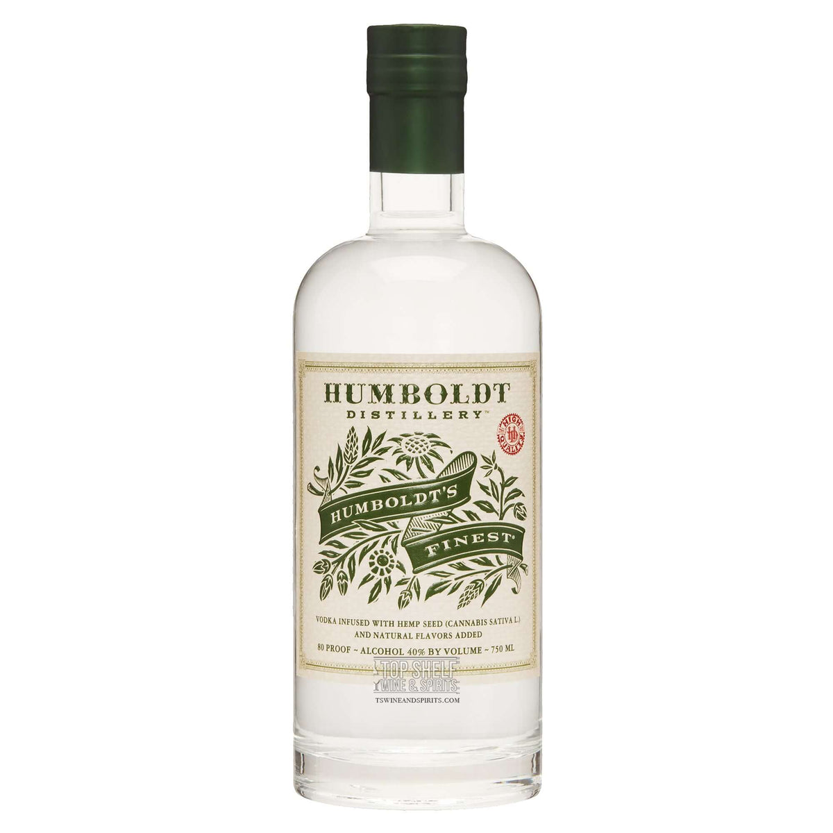 Humboldt's Finest Hemp-Infused Vodka bottle with herbal design and green cap, showcasing unique botanical flavors.