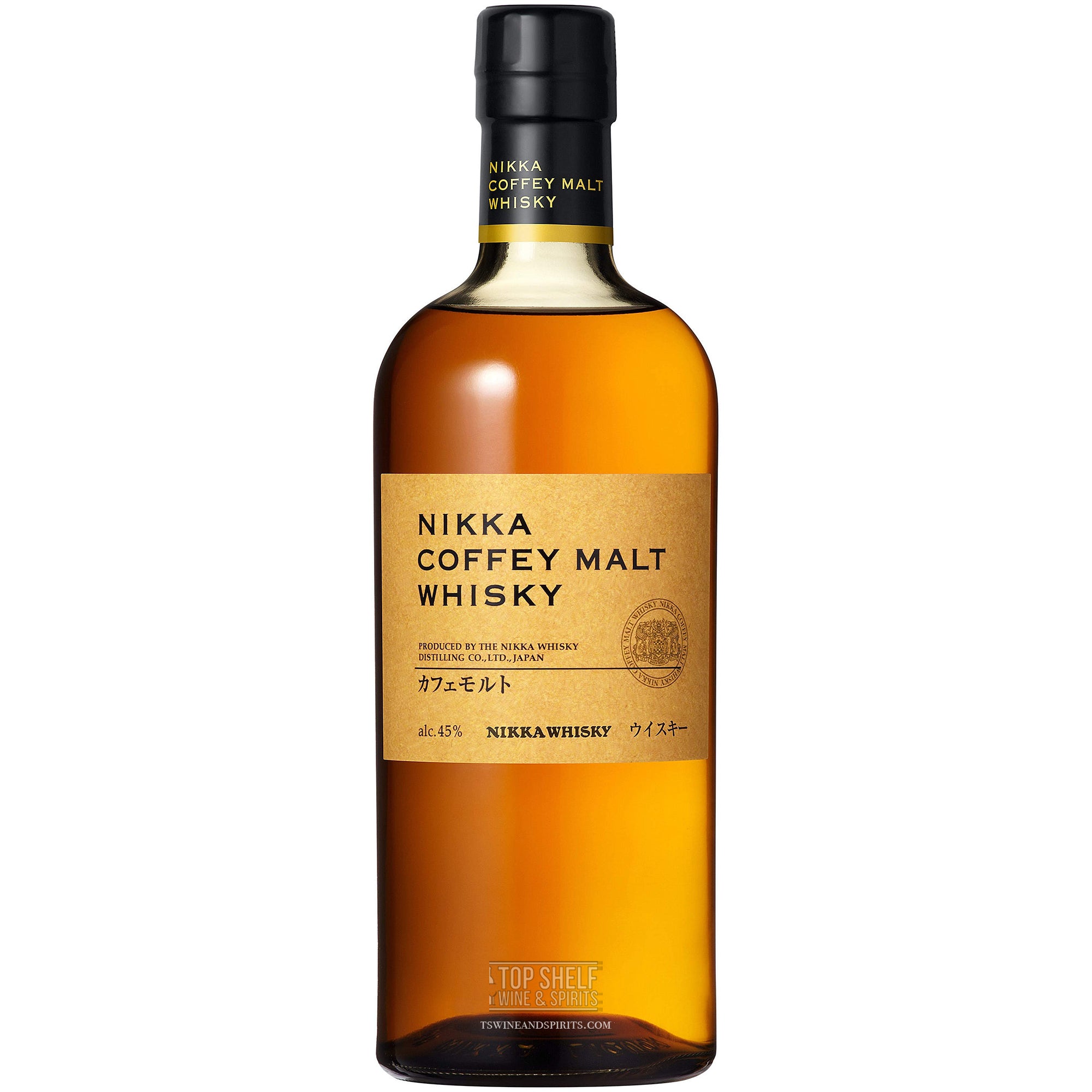 Nikka Coffey Malt Japanese whiskey bottle with golden liquid and label, 45% ABV, rich maltiness and silky texture.
