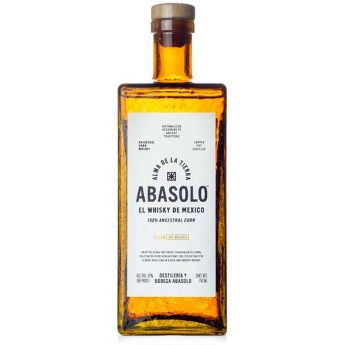 Abasolo El Whisky De Mexico bottle, crafted from 100% Mexican Cacahuazintle corn, showcasing its vibrant amber color.
