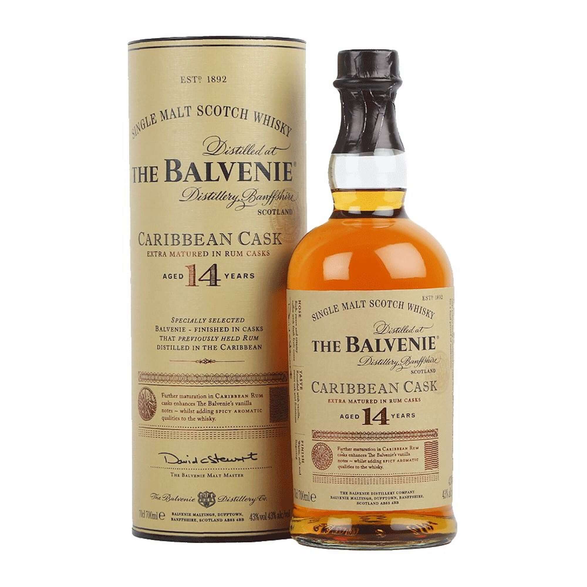 The Balvenie Caribbean Cask 14 Year whisky bottle and packaging, showcasing single malt aged in rum casks.