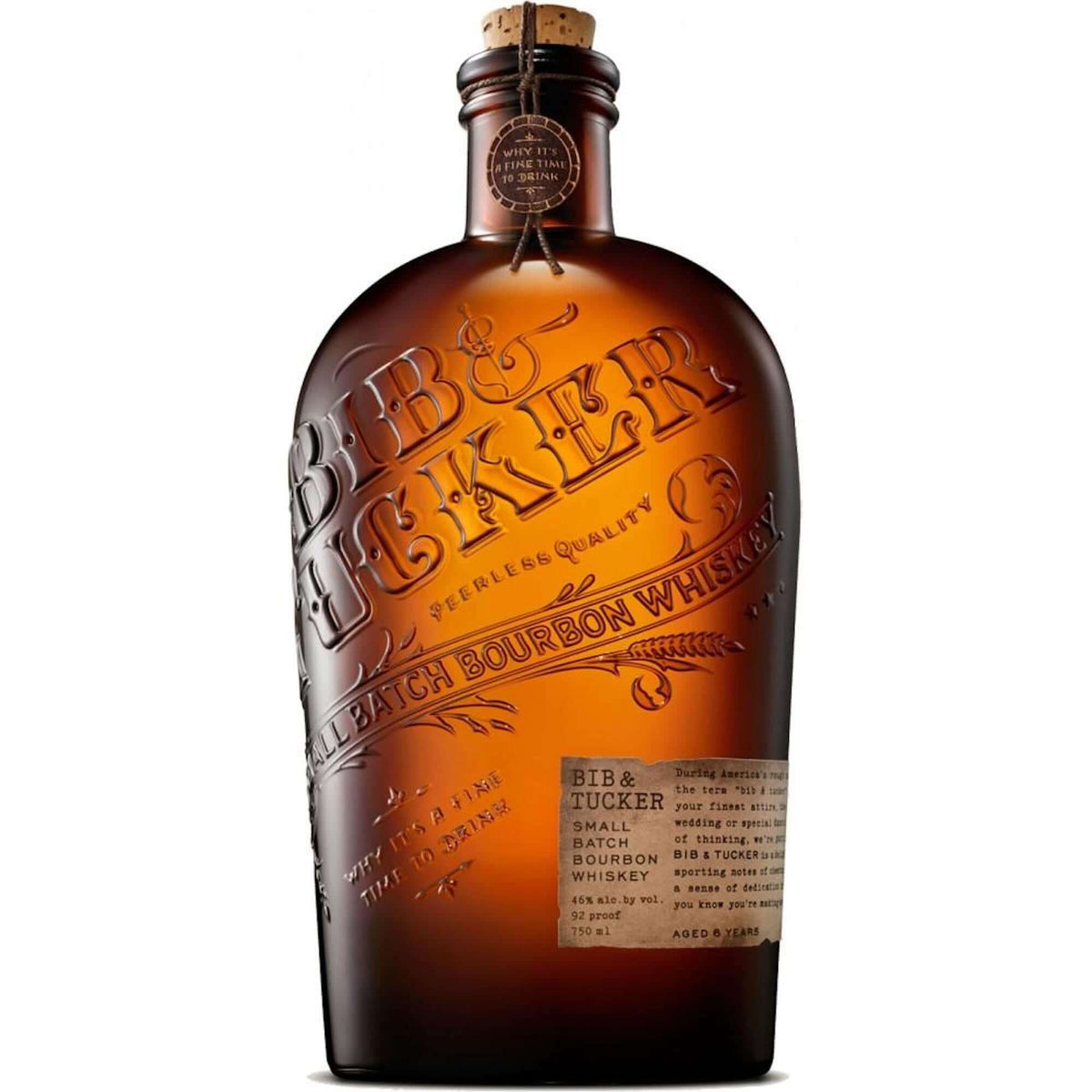 Bib & Tucker 6 Year Small Batch Bourbon whiskey bottle featuring unique embossed design and label.