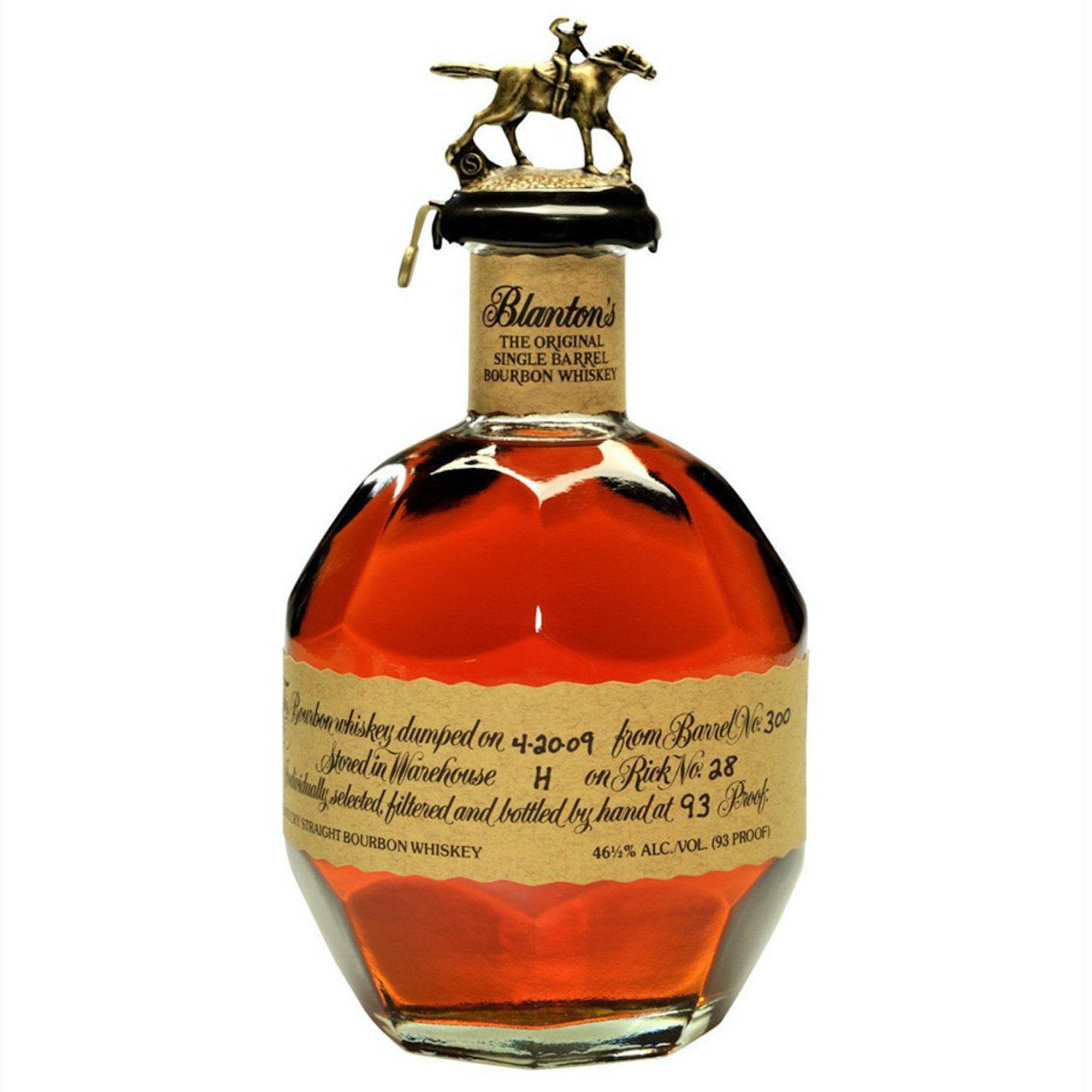 Blanton's Single Barrel Straight Bourbon whiskey bottle with a horse topper and detailed label.
