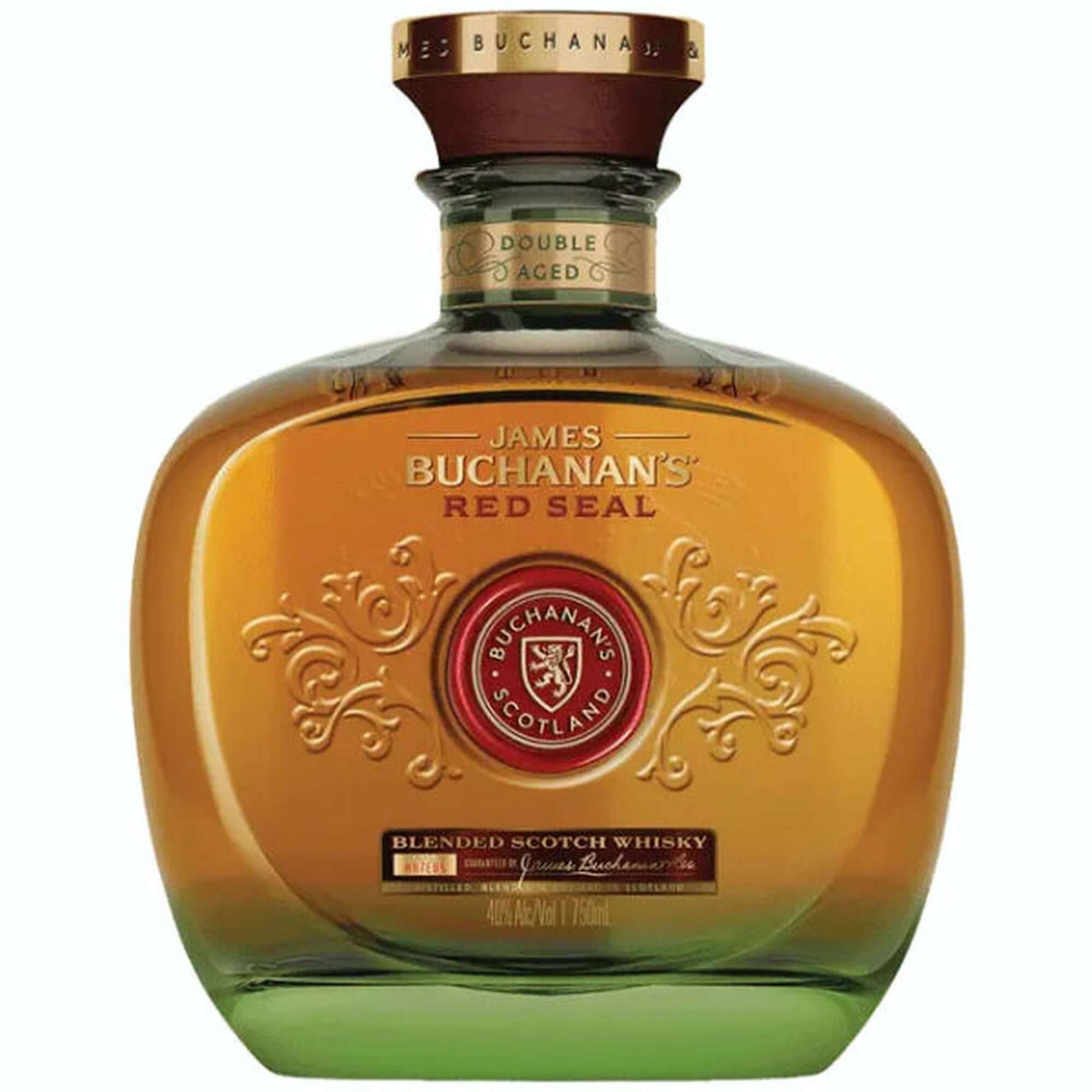 Buchanan's Red Seal blended Scotch whisky in an elegant bottle, showcasing its rich amber color and vintage design.