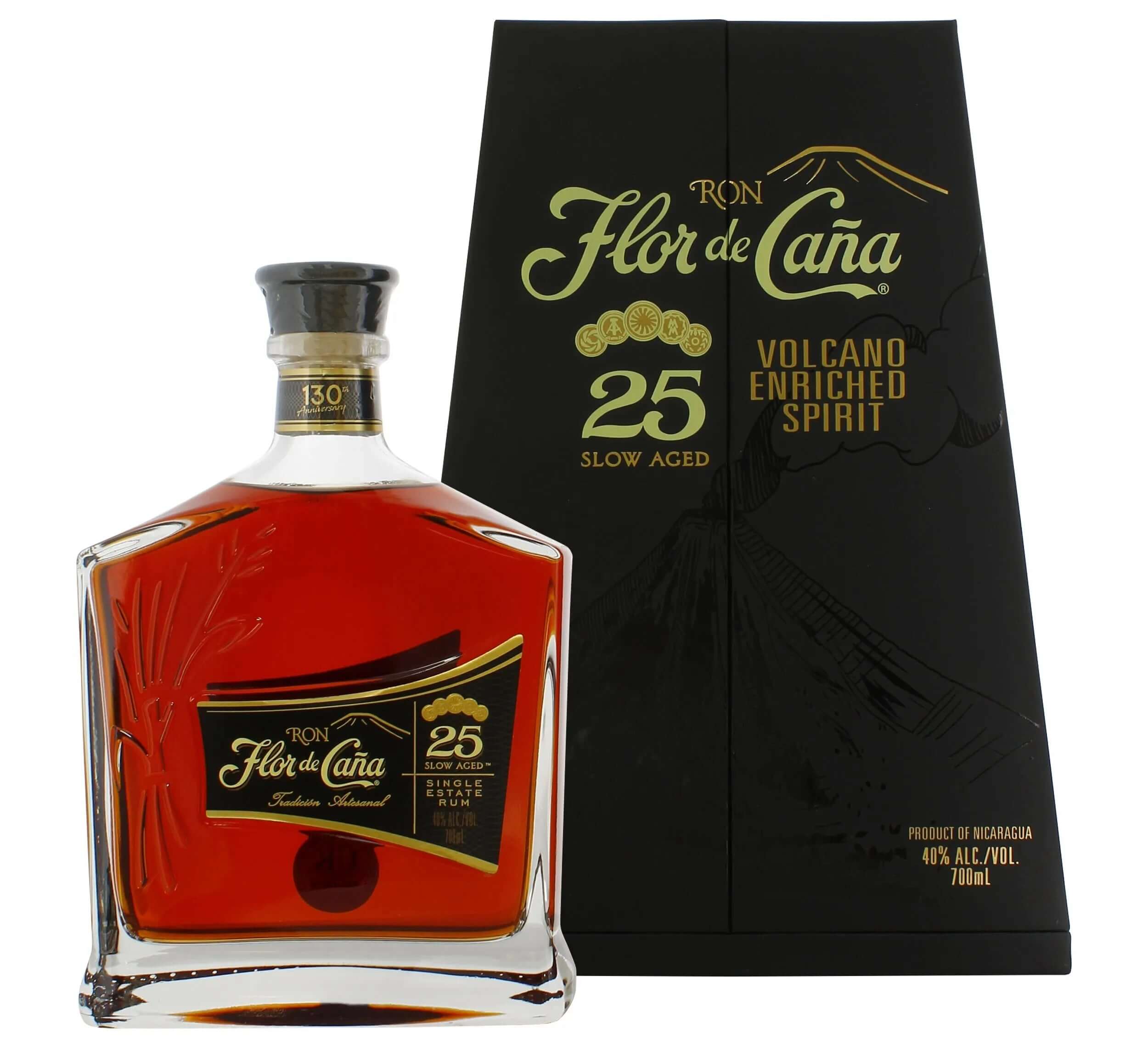 Ron Flor de Caña 25 Year Rum bottle and box, showcasing Nicaraguan aged rum enriched by volcanic soil.