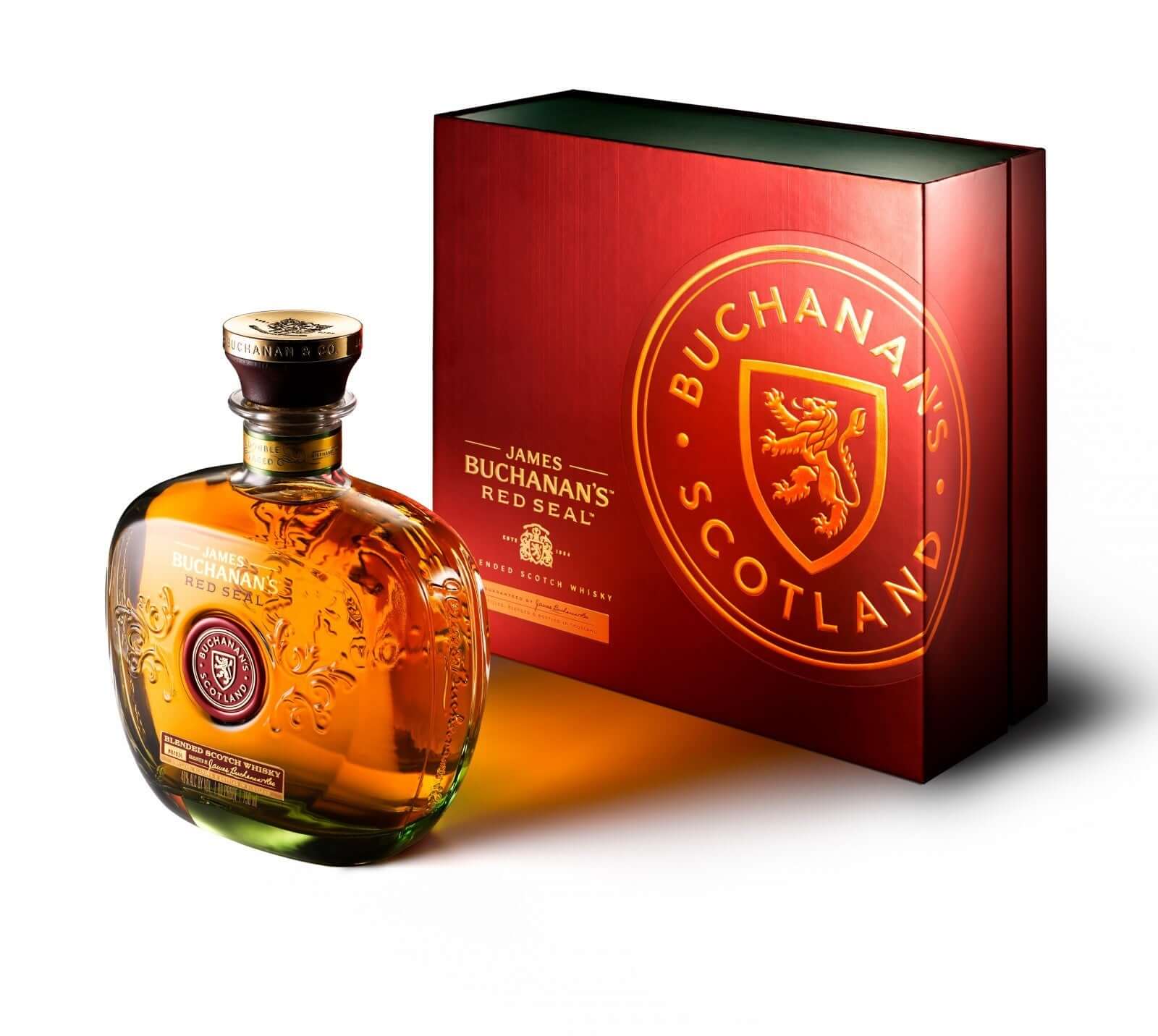 Buchanan's Red Seal whisky bottle with elegant packaging, showcasing its rich flavors and heritage from Scotland.
