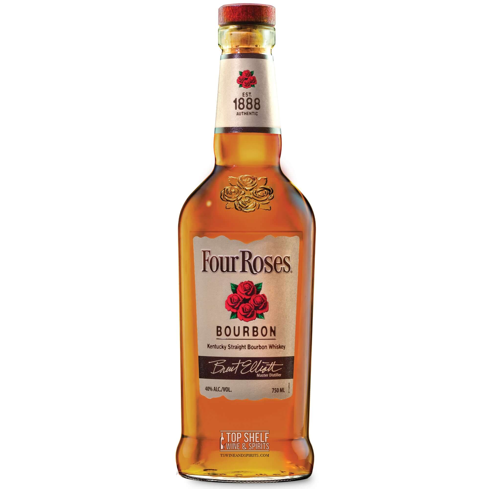 Four Roses Bourbon bottle showcasing its smooth, mellow whiskey with a unique blend of aromas and flavors.