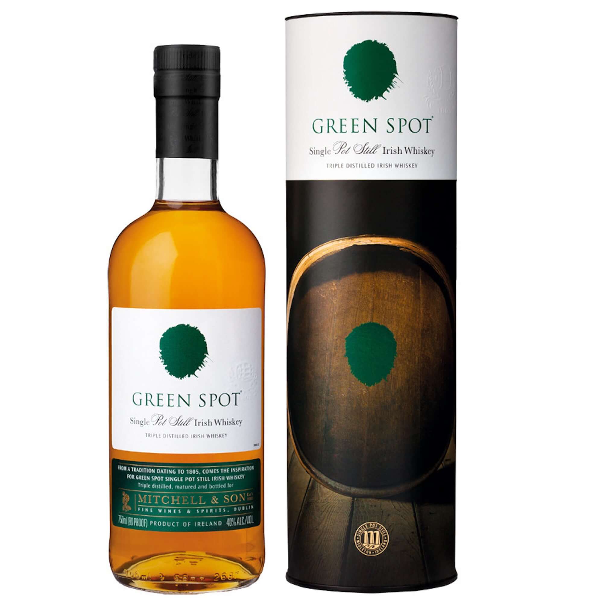 Green Spot Irish Whiskey bottle and tube packaging, showcasing single pot still Irish whiskey with vibrant color.
